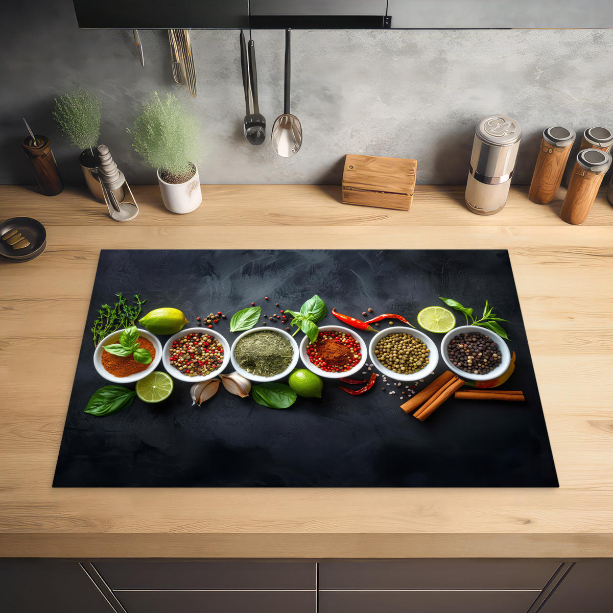 HERDABDECKPLATTE Kräuter - Gewürze - Konkrete Optik - Stilleben Ceranfeldabdeckung 78x52 cm - Multicolor, Kunststoff (78/52/0.2cm) - MuchoWow