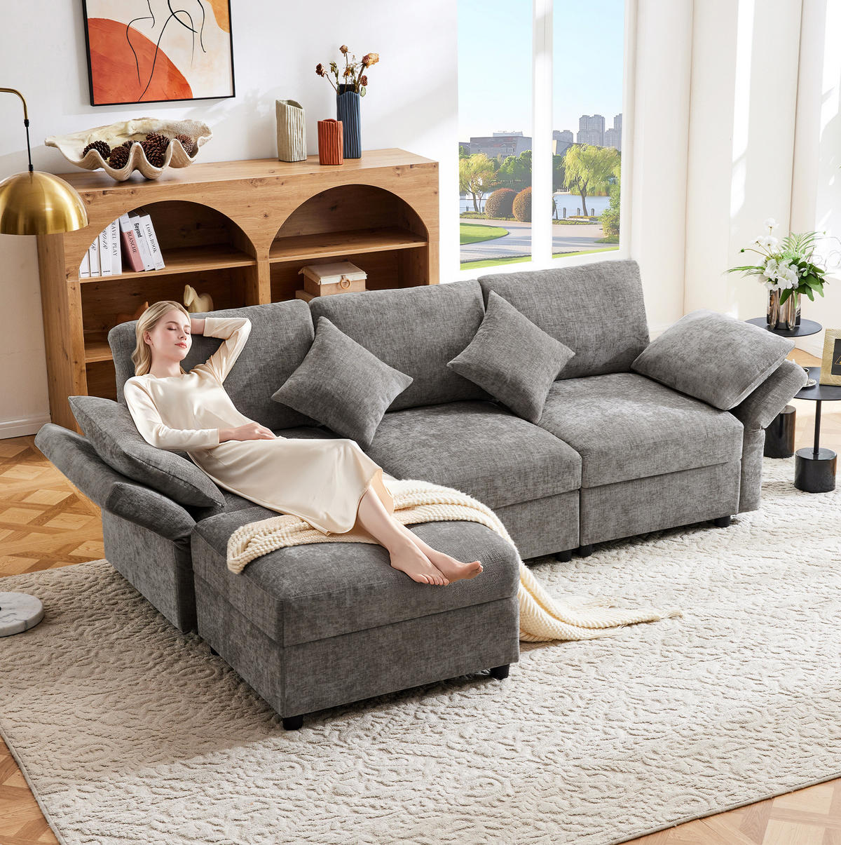 ECKSOFA, Chenille mit verstellbaren Armlehnen & Hocker, 218/156,5/86 cm, Grau - Grau, Textil (156.5/218cm) - Redom