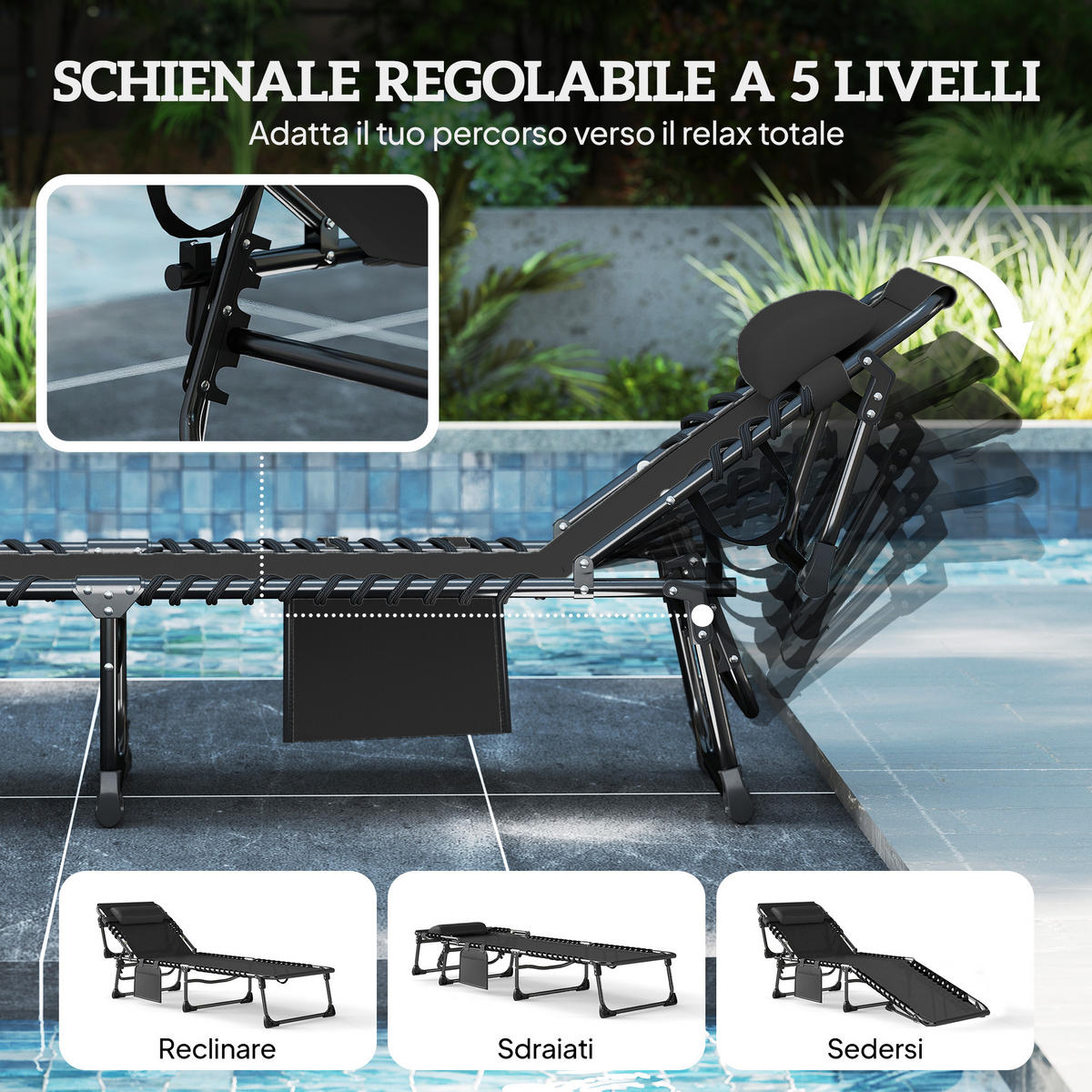SONNENLIEGE Set aus 2 klappbaren und verstellbaren Gartenliegen mit 5 Höhenstufen ,57 x 200 x 38 cm ,Schwarz - Schwarz, Metall (57/38/200cm) - Vallsero