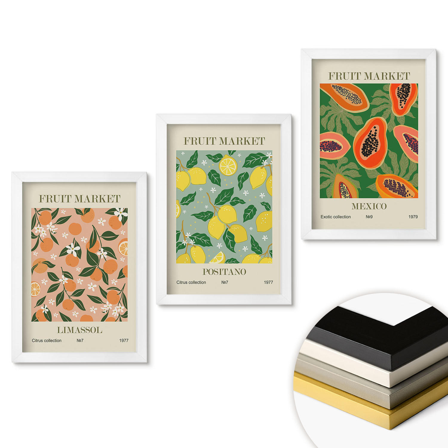 WANDBILDER 3er-Set - 20x30 cm Weißer Rahmen - Zitrusfrüchte, tropischer Retro-Stil - Weiß, Kunststoff (20/30cm) - ArtPrintCave