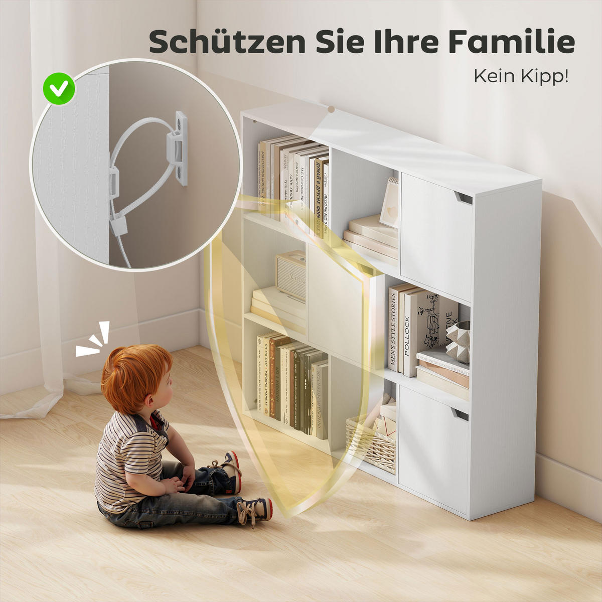 BÜCHERREGAL, 9 Würfelfächer, 3 Türen, 6 offene Regale, Weiß - Weiß, Holzwerkstoff (24/95/106cm) - HOMCOM