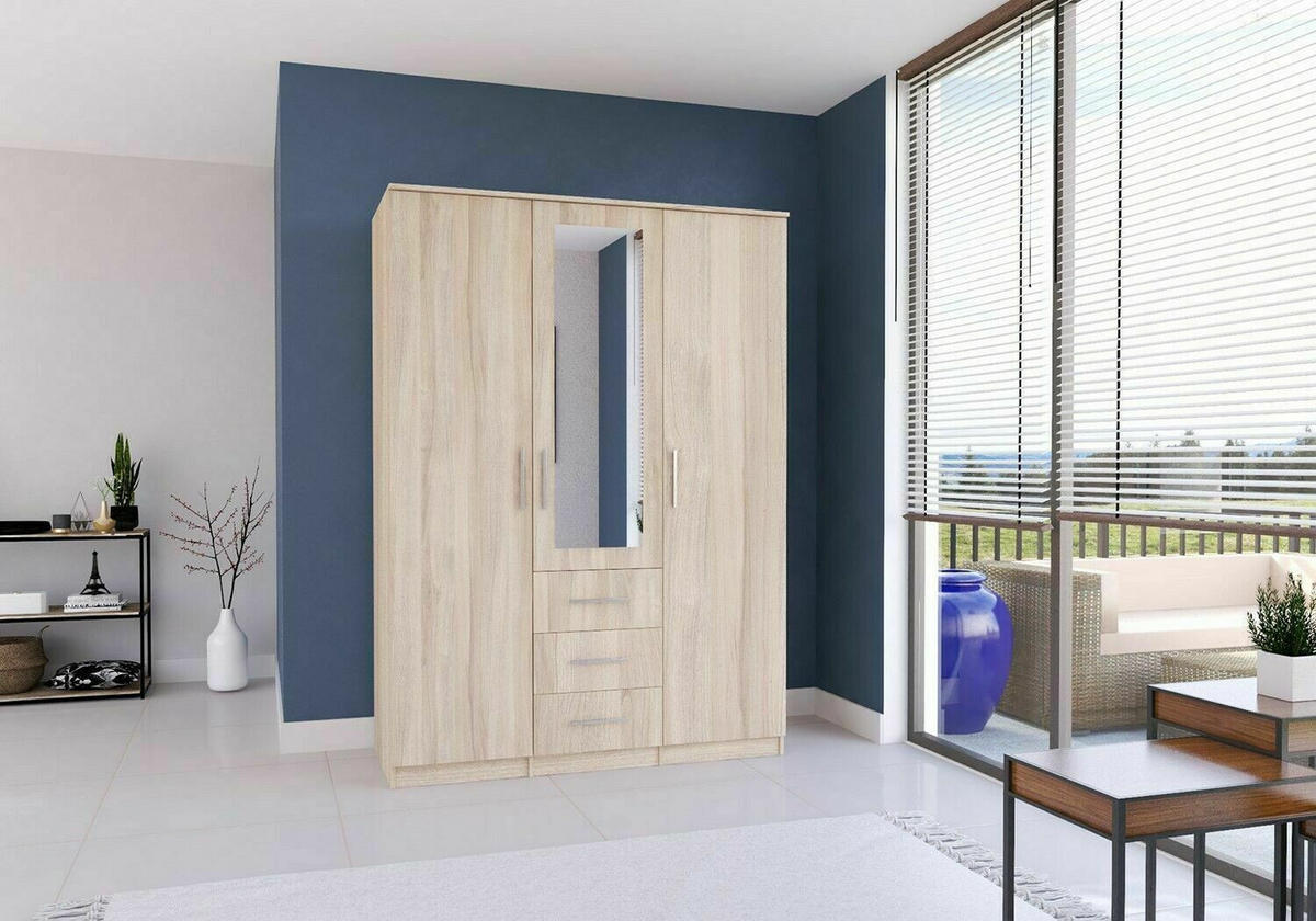 DREHTÜRENSCHRANK150/207/57/61CM Szantal 3D Sonoma/Sonoma - Alufarben/Sonoma Eiche, Glas/Holzwerkstoff (150/210/64cm) - imoebel24