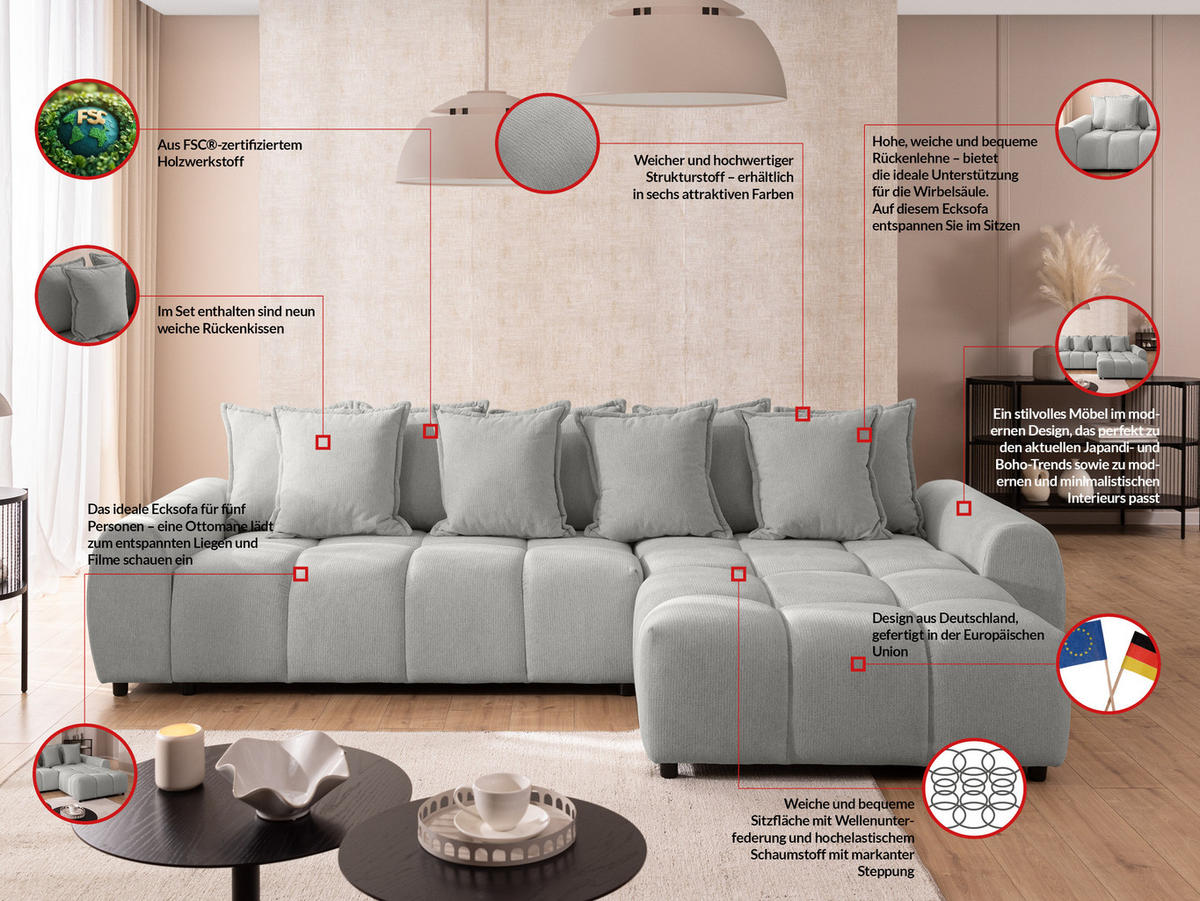 ECKSOFA Bubble mit losen Rückenkissen und Sitzfläche in Bubble-Optik aus weichem Hellgrau Strukturstoff mit schöner Sitzkomfort - Ottomane rechts - Hellgrau/Schwarz, Holz/Kunststoff (180/306cm) - S-Style Möbel