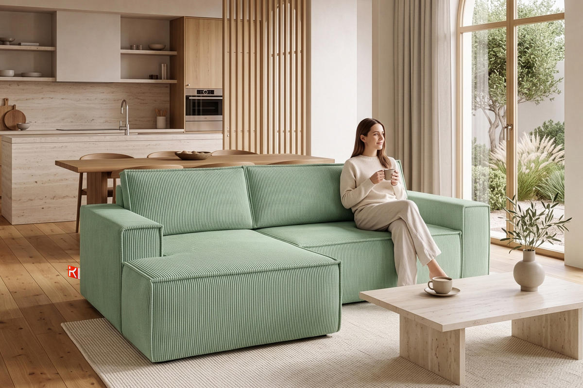 ECKSCHLAFSOFA-LINKS NAPI in Pet Friendly Cord-Stoff, mintfarben - Schwarz/Mintgrün, Textil (262/148cm) - KONSIMO®