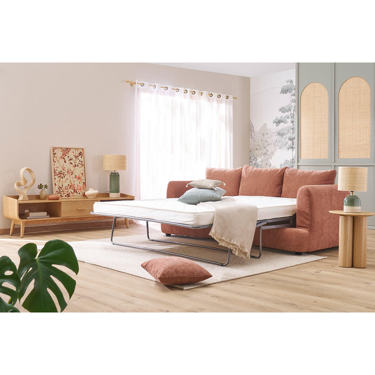 SCHLAFSOFA 3-4 Sitzer Terracottafarbener Stoff Samteffekt Abziehbarer Bezug SACHA - Terracotta, Textil (114/83/219cm) - Miliboo