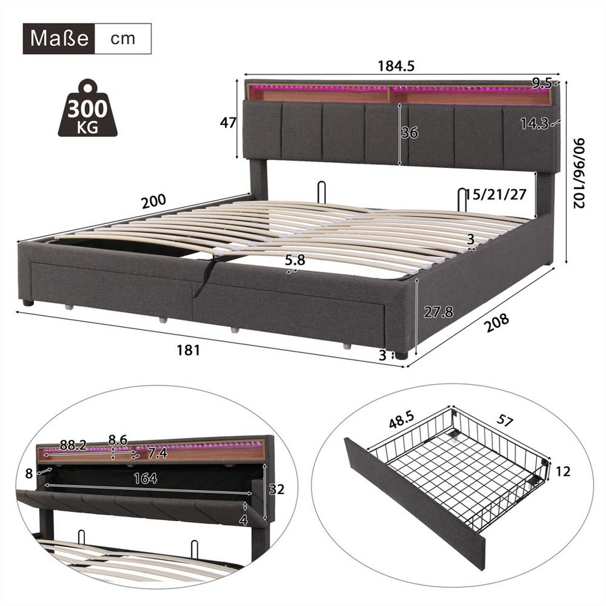 POLSTERBETT 180x200 cm - mit LED-Beleuchtung - aufklappbarem Kopfteil&hydraulischem Bettkasten und 2 Schubladen - Grau, Textil (180/200cm) - DELFA
