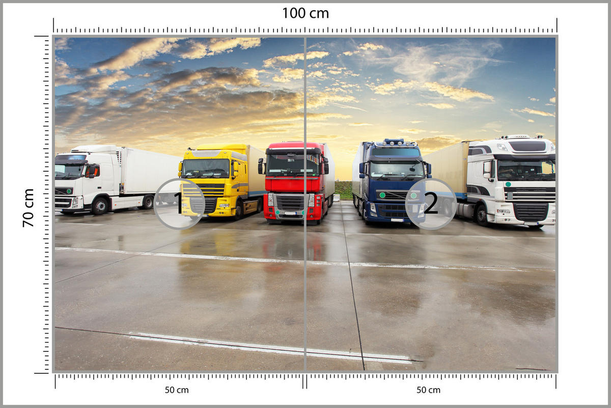 FOTOTAPETE für Wohnzimmer Lastwagen Parken Sonnenuntergang 100x70 - Gelb/Rot, Papier (100/70cm) - Muralo