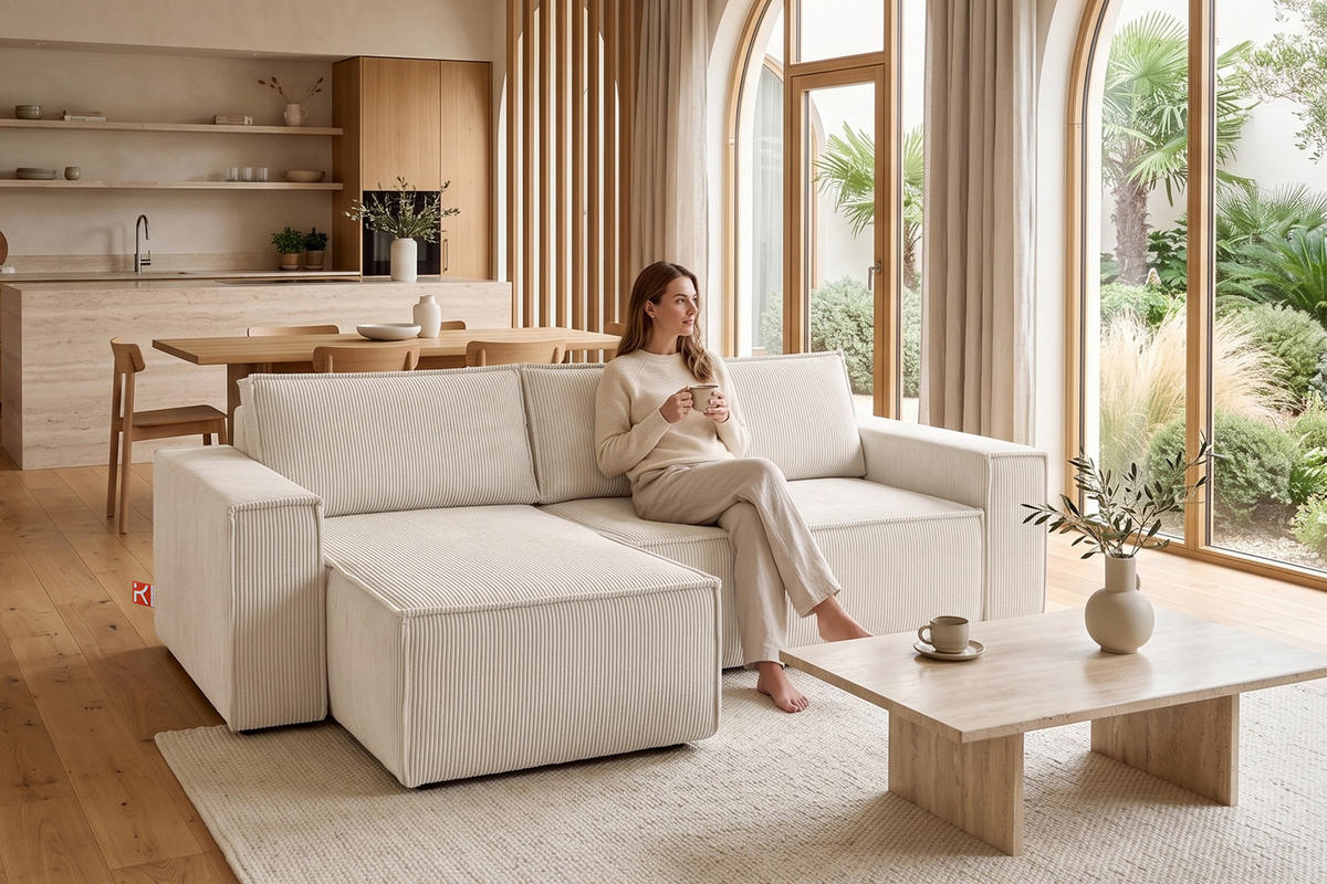ECKSOFA-LINKS/RECHTS NAPI Schlaffunktion mit Cordbezug, beige - Ecru/Schwarz, Textil (262/148cm) - KONSIMO®