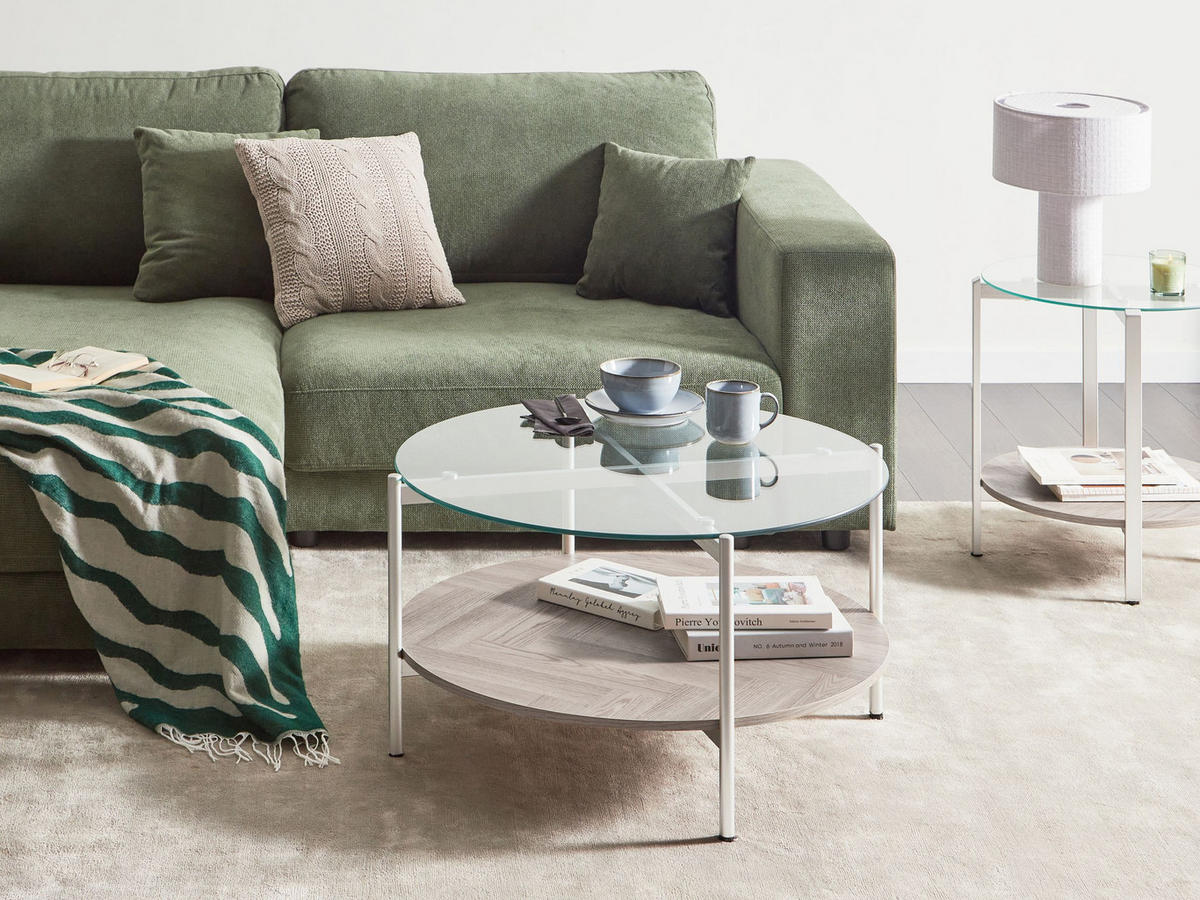 COUCHTISCH Silber/Heller Holzfarbton Lovell - Hellbraun/Silberfarben, Glas/Holzwerkstoff (80/80/45cm) - Beliani