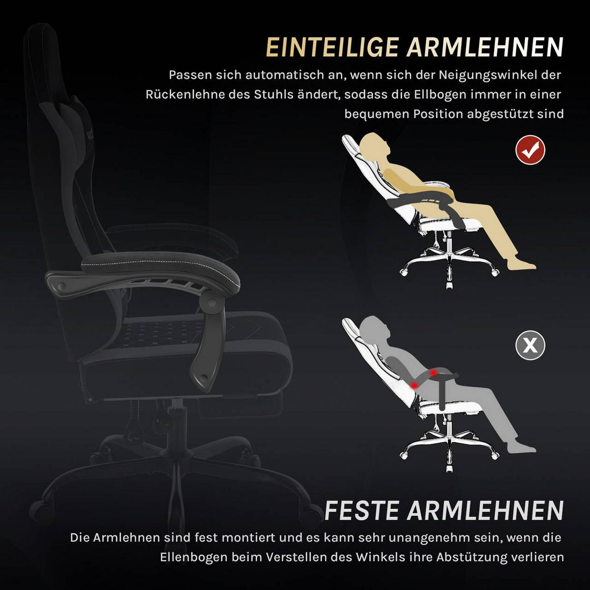 GAMINGSTUHL mit Massagefunktion, Netzstoff, Schwarz+Grau - Schwarz/Grau, Textil/Metall (70/127/70cm) - Woltu