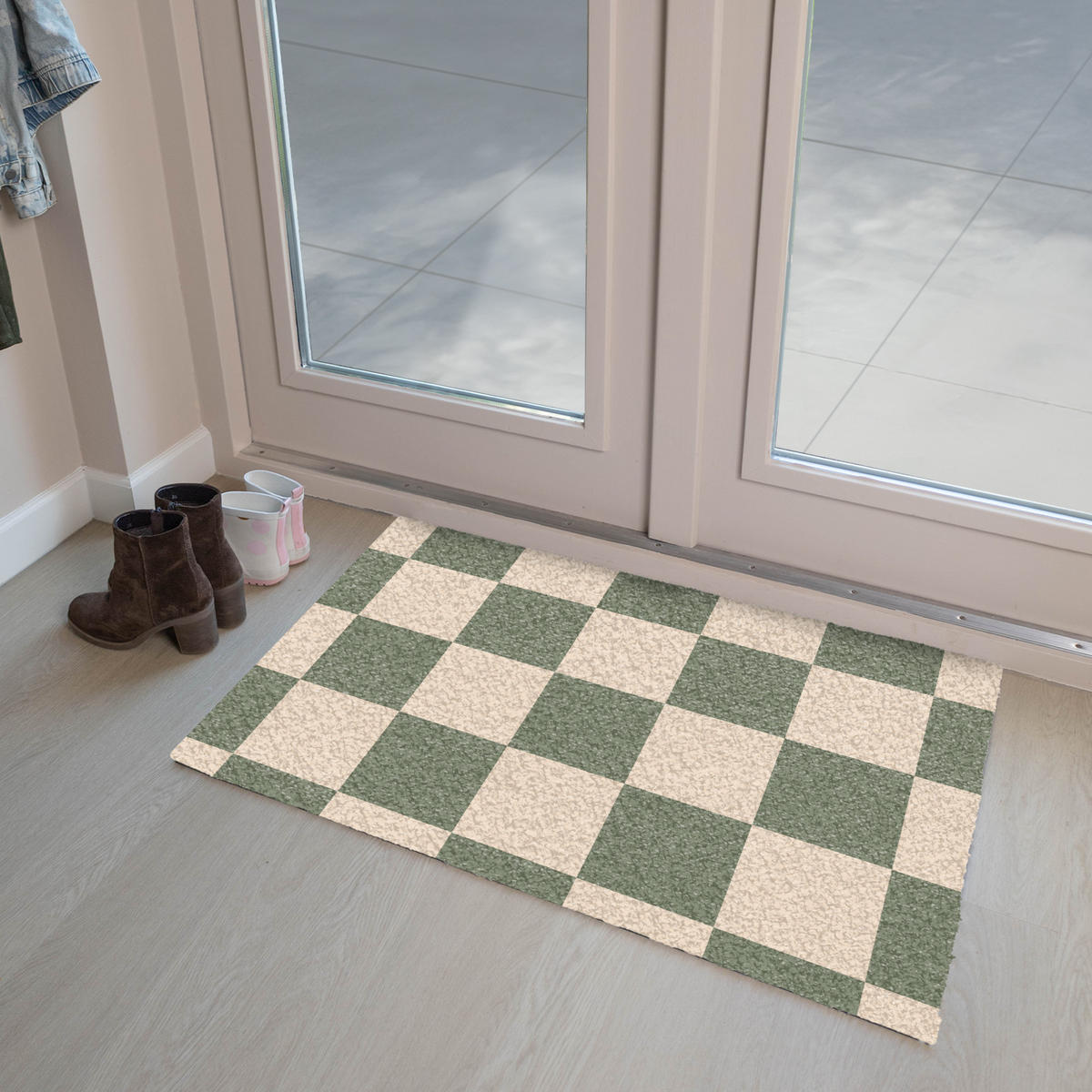 FUSSMATTE Schachbrettmuster - Grün - Beige - Blöcke 90x60 cm - Olivgrün, Kunststoff (90/0.4cm) - MuchoWow