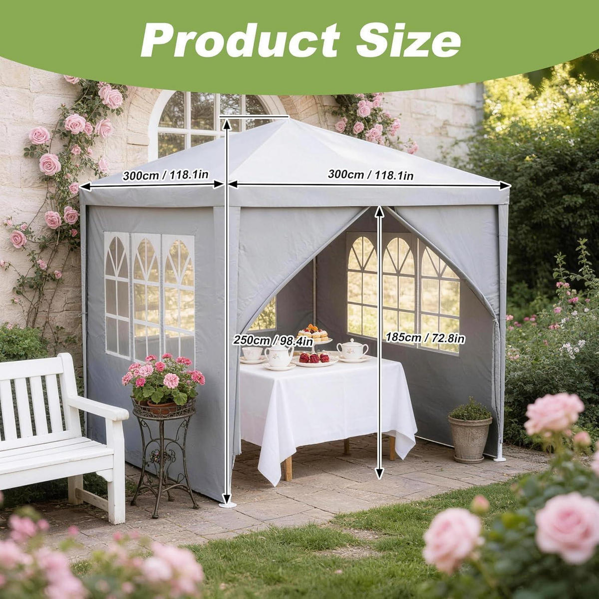 GARTENZELT 3 x 3 m Grau Wasserdicht mit 8 Seitenwänden - Grau, Textil (300/250/300cm)