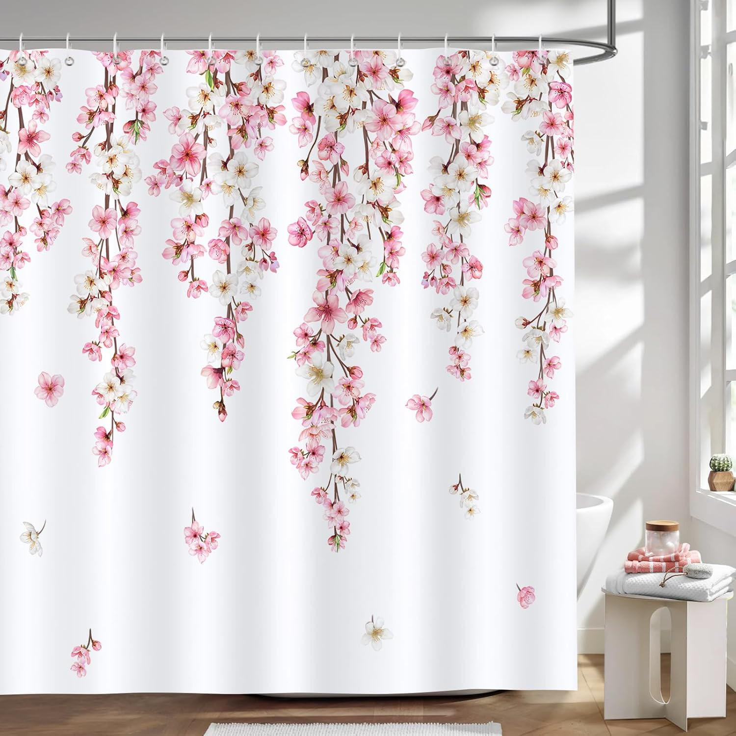 DUSCHVORHANG Rosa Sakura Kirschblüte Polyester schimmelresistent wasserdicht waschbar - Pink, Textil (180/1cm) - MCBOSON