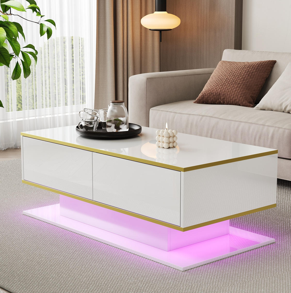 COUCHTISCH 100/50/40 cm Weiß Hochglanz aus Spanplatte mit LED-Lichtstreifen und 3 Schubladen - Weiß, Holzwerkstoff (100/50/40cm) - OKMYHOME