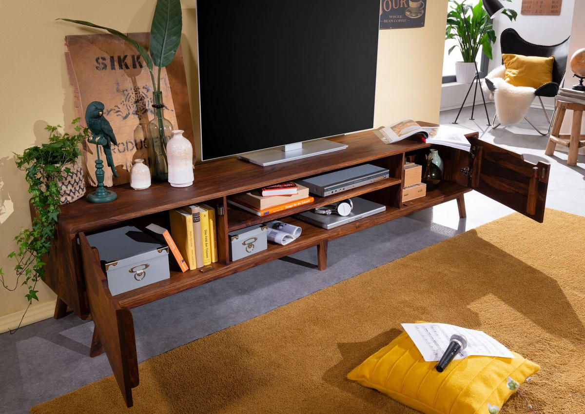 TV-BOARD Sheesham 220x40x48 walnuss gewachst MALMÖ 2 #124 - Dunkelbraun, Holz (220/48/40cm) - Massivmoebel24