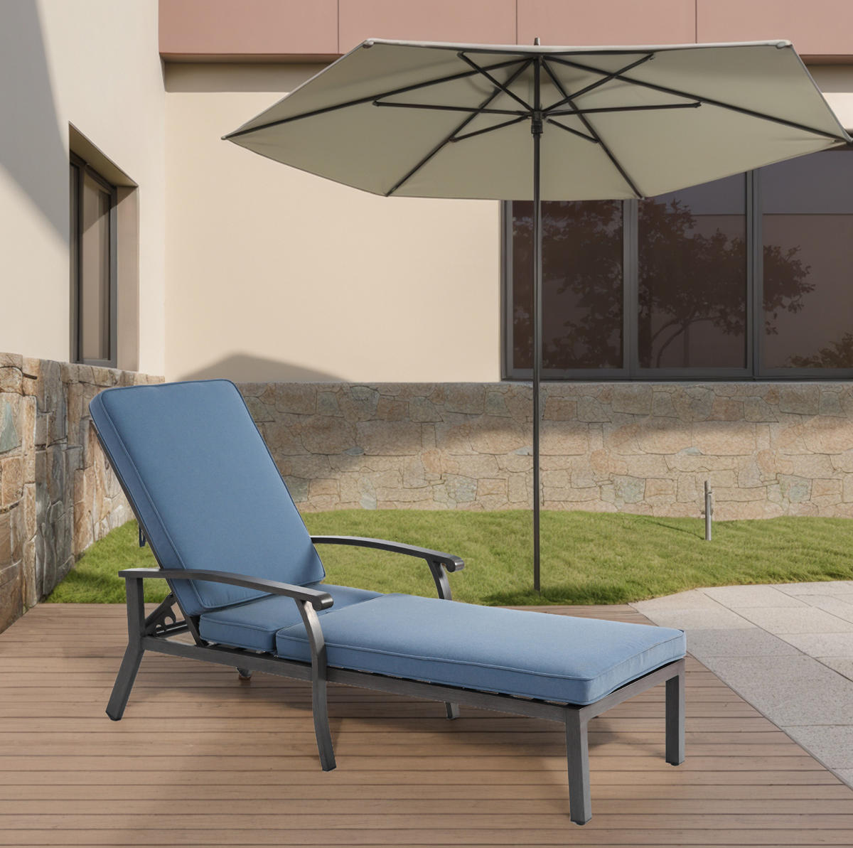 SONNENLIEGE aus Aluminium 204x58x100/30 cm Blau/Dunkelgrau mit 5-fach verstellbarer Rückenlehne und Kissen - Blau, Metall (58/100/204cm) - Modfu