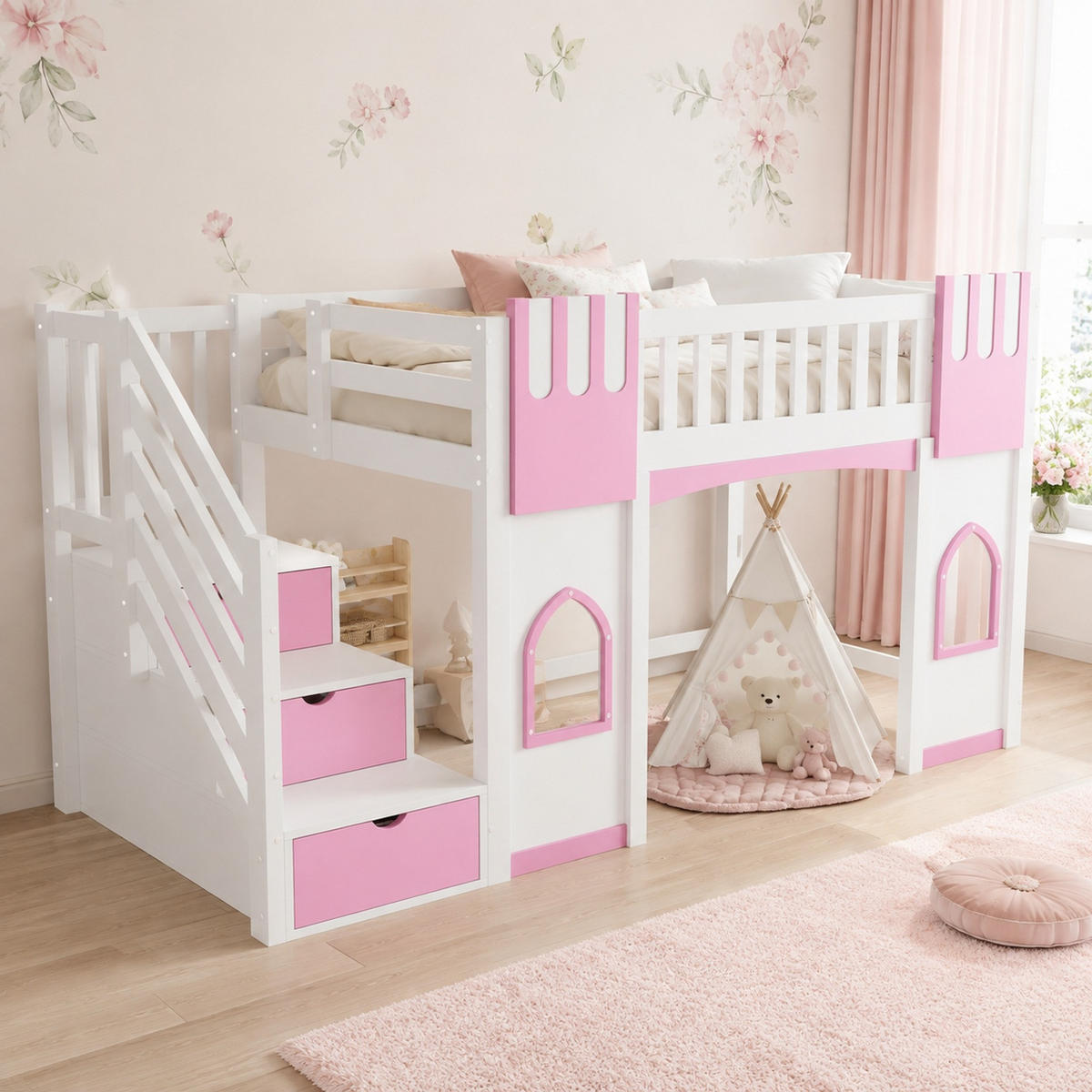 HOCHBETT 90/200 mit Stauraumtreppe und Fenstern in Weiß und Rosa - Rosa, Holzwerkstoff (90/200cm) - EVRYAE