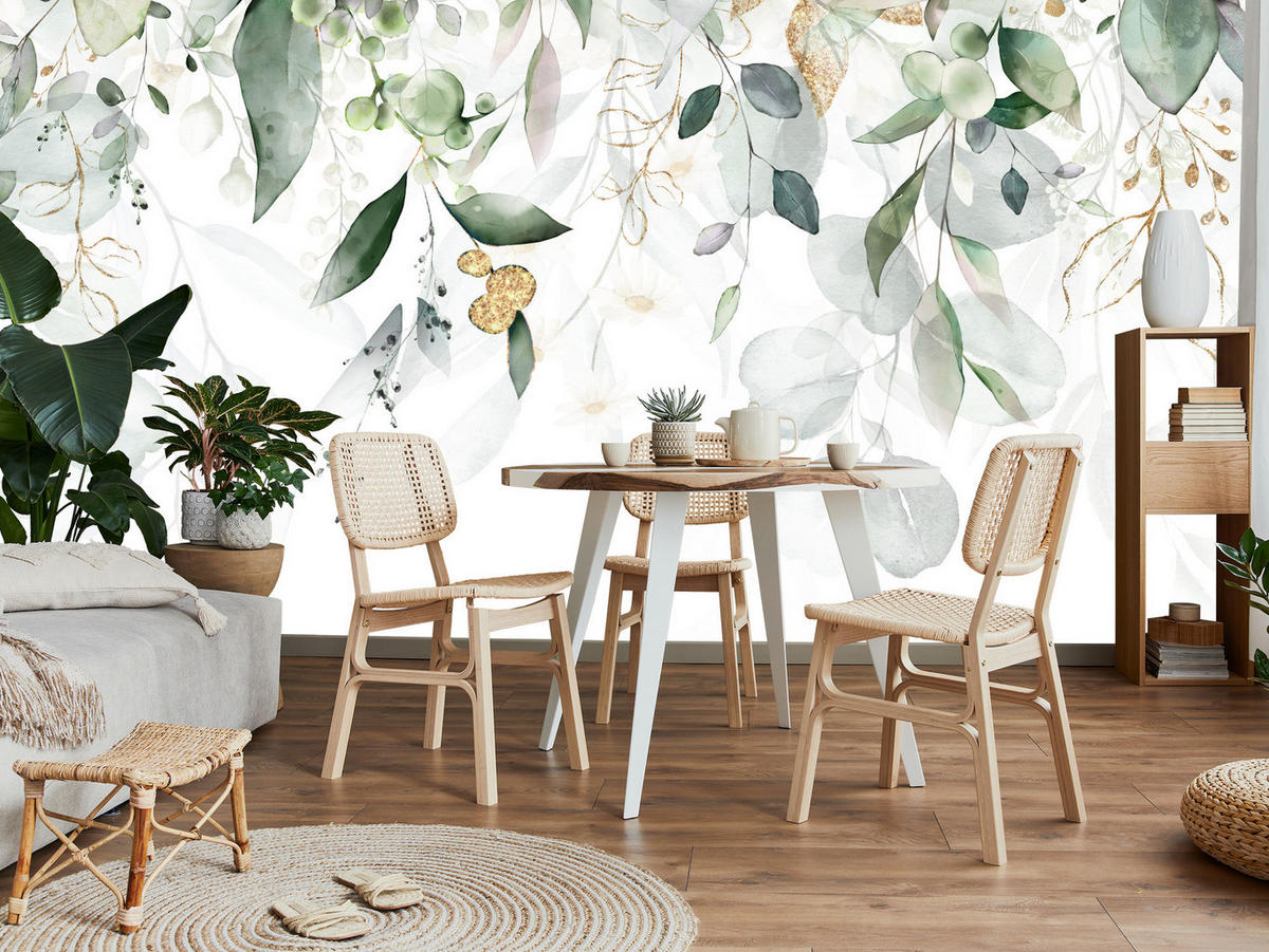 FOTOTAPETE Aquarell Blätter Pflanzen Natur 100x70 - Gelb/Beige, Papier (100/70cm) - Muralo