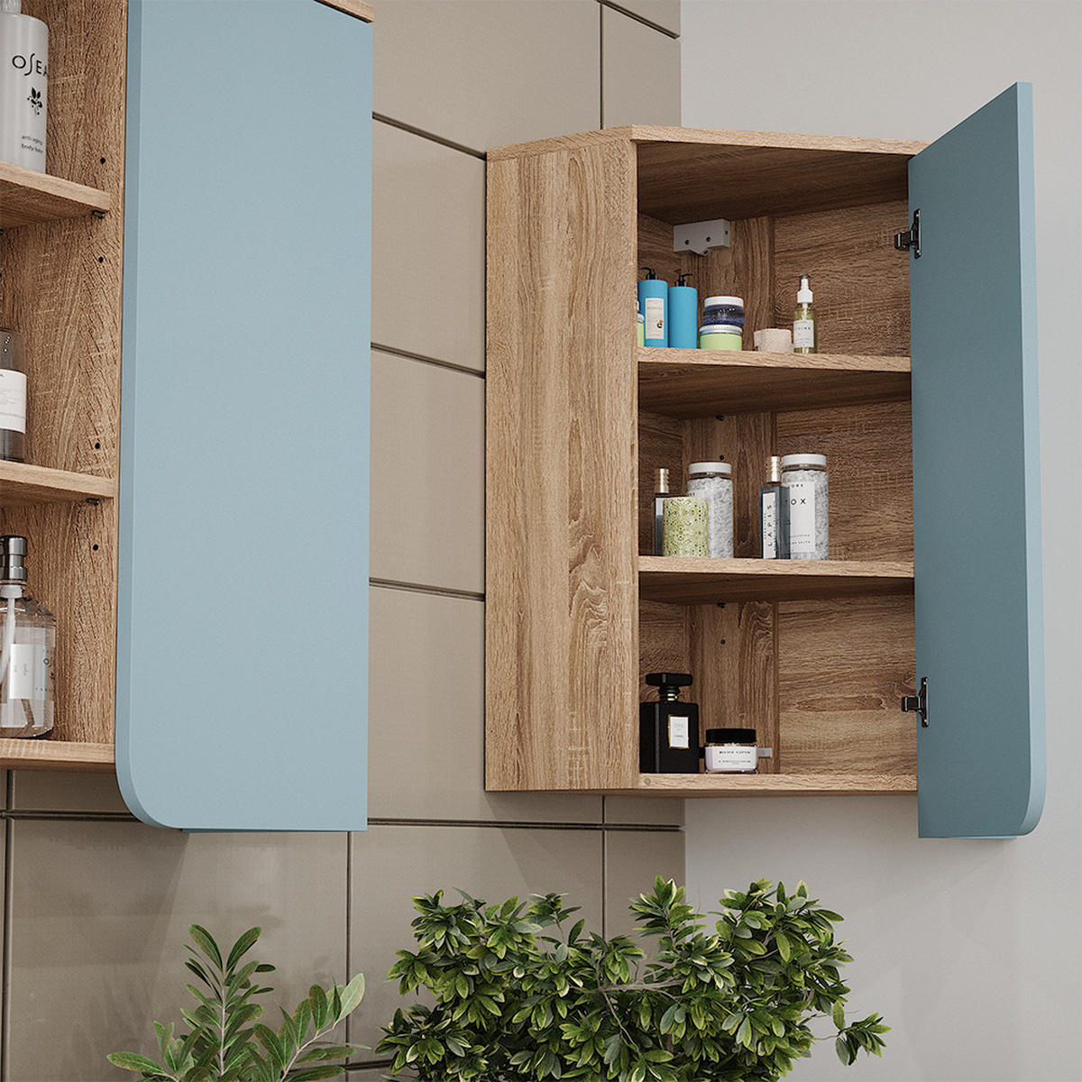 BADSCHRANK Karen Blau-Grau 42.4 x 75 cm mit Tür und offenen Fächern - Dunkelblau/Sonoma Eiche, Holzwerkstoff (42.4/75/42.4cm) - Vicco