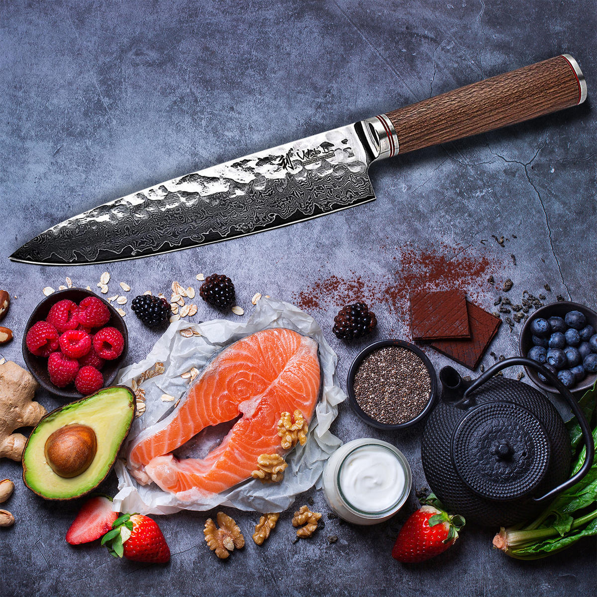 CHEFMESSER Nussbaum Serie Damast - Braun, Metall (34cm) - Wakoli