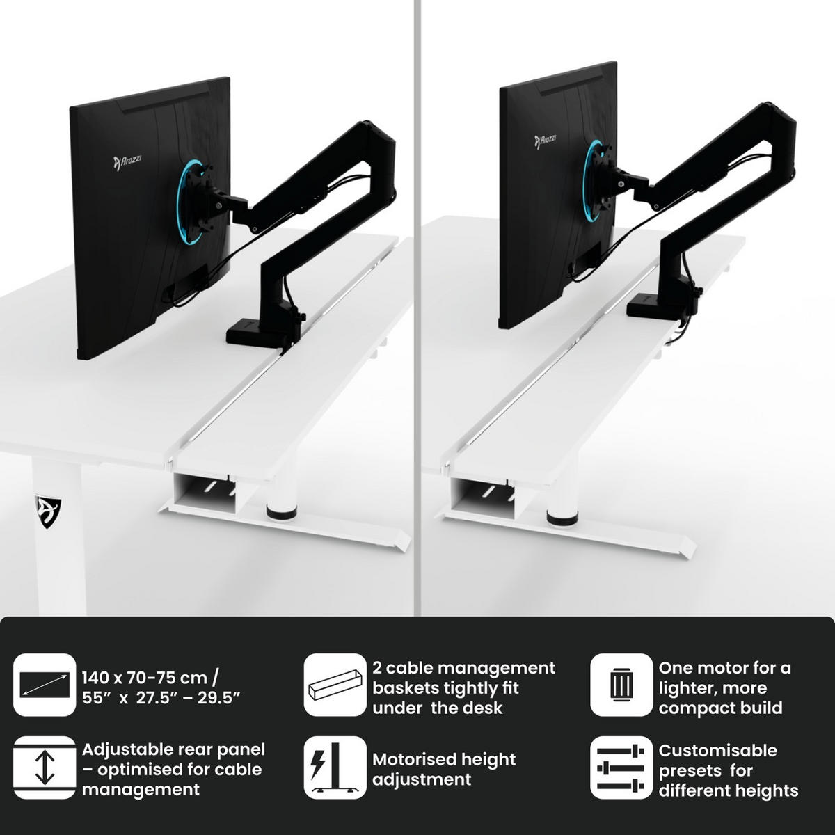 GAMINGTISCH Arena Nordico 140/70/71-115 cm Höhenverstellbarer Weiß - Weiß, Metall (70/140/115cm) - Arozzi