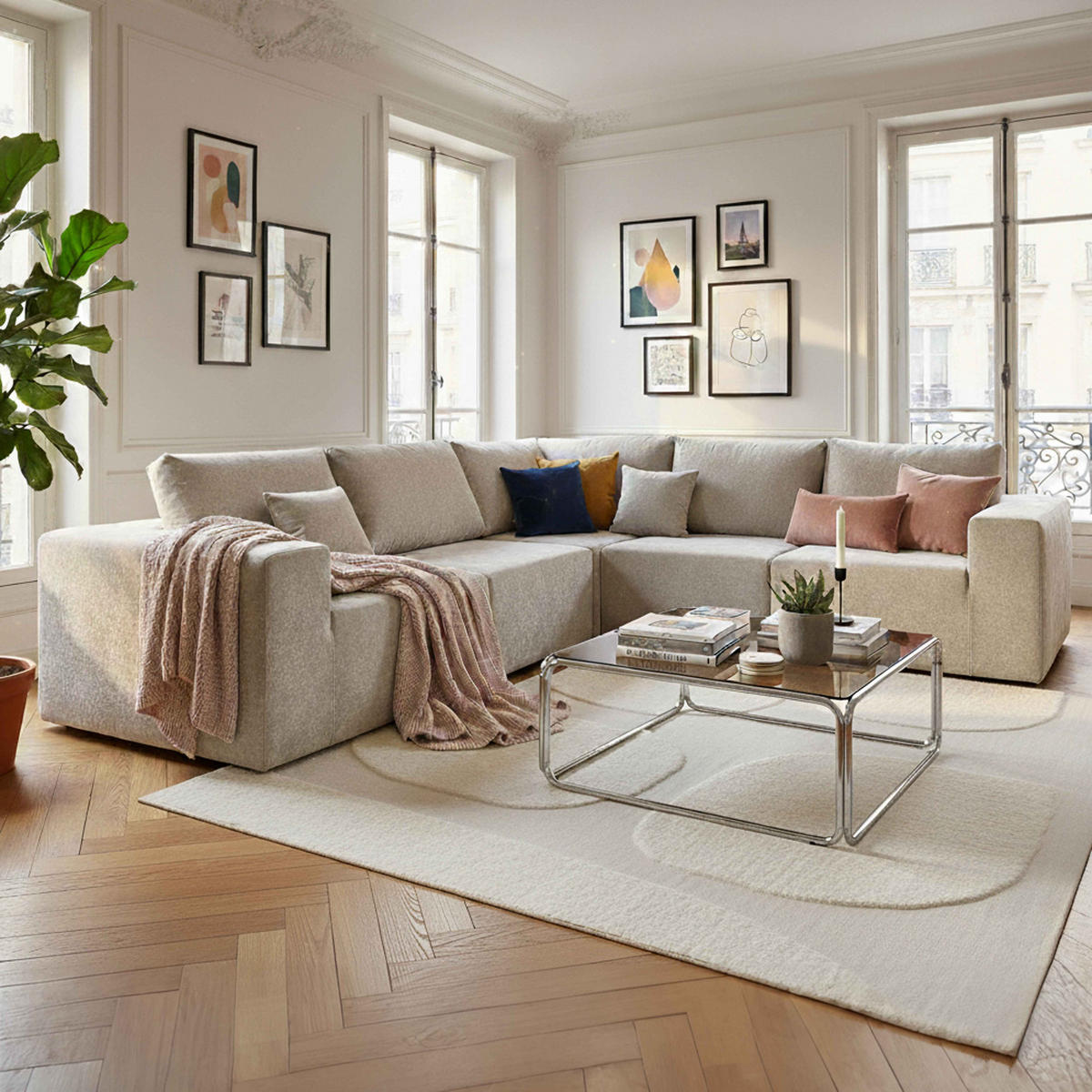 MODULSOFA mit 5 Sitzplätzen, Ekru - Weiß, Textil (275/275cm) - Oviala