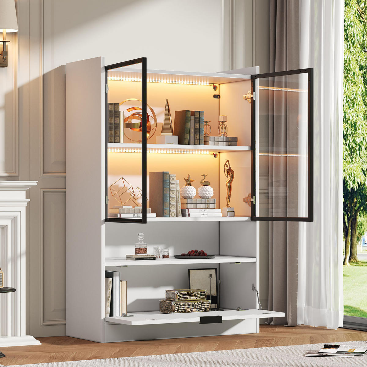 VITRINE LED Matt Glasvitrine Klapptür 120cm Weiß Standvitrine - Weiß, Holzwerkstoff (80/120/35cm) - FLIEKS