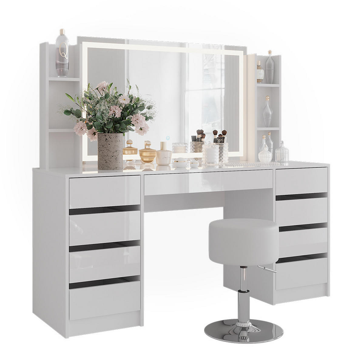 SCHMINKTISCH Sherry Weiß/Weiß Hochglanz 158.2 cm 5 Teile - Weiß Hochglanz, Holzwerkstoff (158.2/76/50.1cm) - Vicco