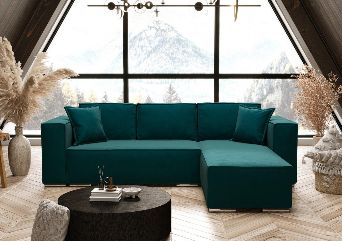 ECKSOFA L Form Vinoria Türkis 255/180/82 cm Rechts mit Schlaffunktion - Türkis/Chromfarben, Textil/Metall (255/180cm) - AX Living