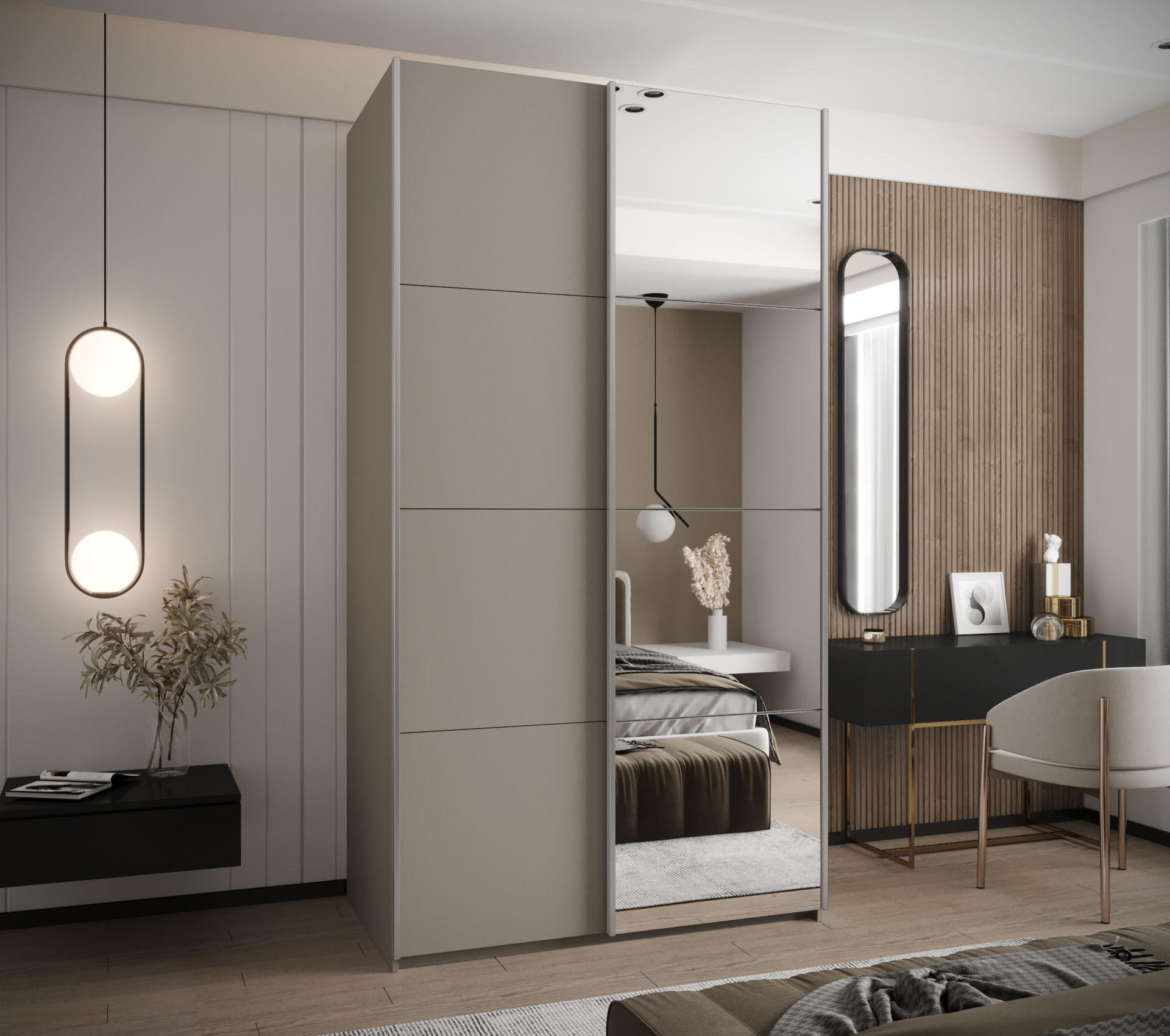 SCHWEBETÜRENSCHRANK 245,5/140/64 2-türig - Kaschmir/Silberfarben, Holz/Metall (140/245/64cm) - Abiks Möbel