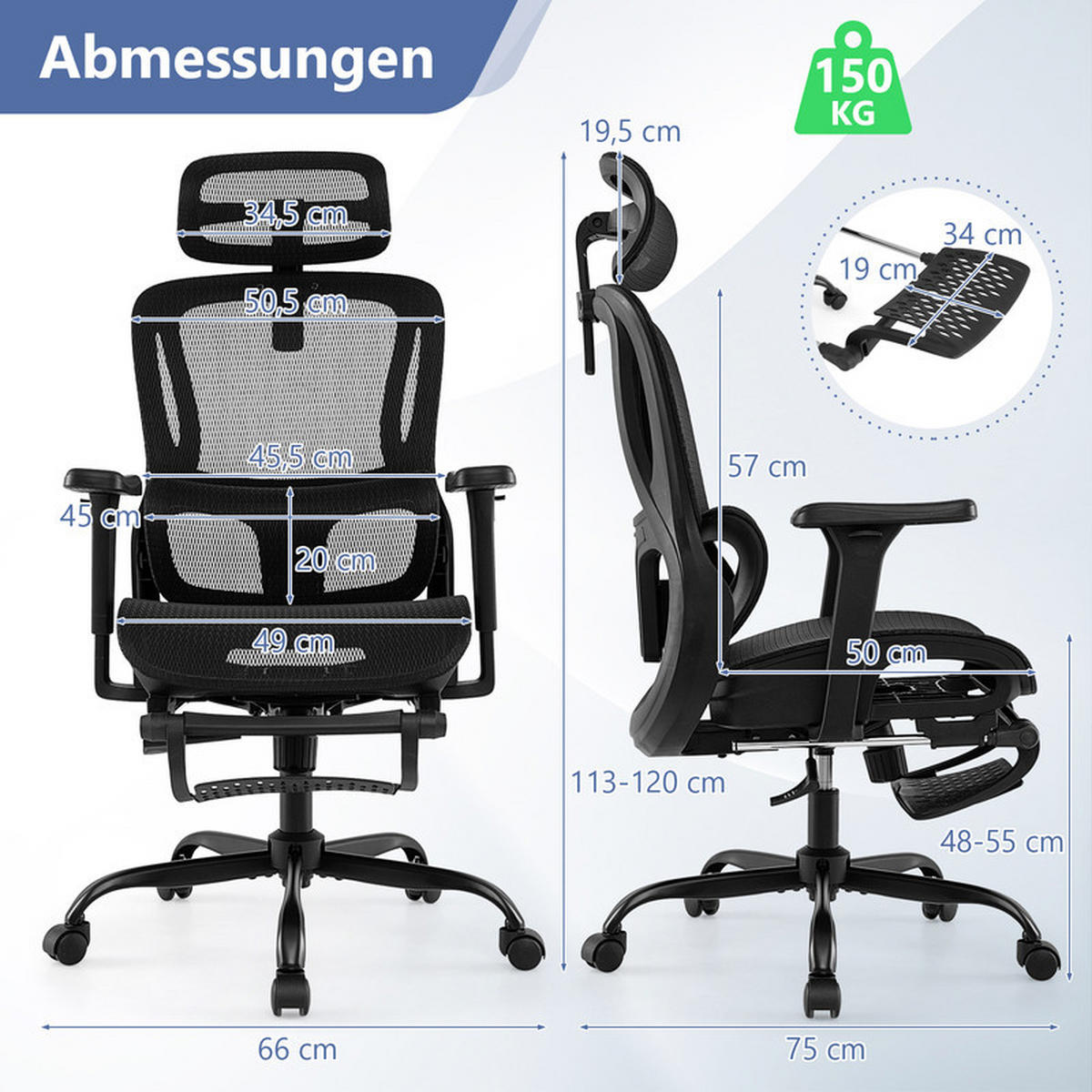 BÜROSTUHL mit ausziehbarer Fußstütze schwarz - Schwarz, Metall (75/113/66cm) - COSTWAY