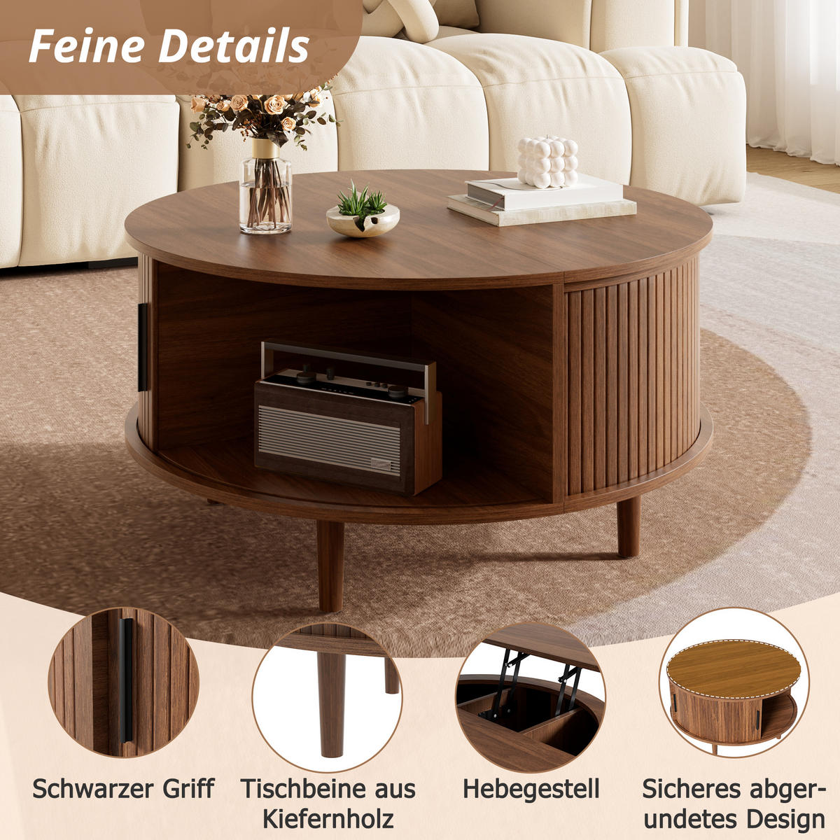 COUCHTISCH in Holzoptik Runder Wohnzimmertisch mit höhenverstellbar Stauraum und Schiebetür, 80 B / 80 T / 59 H(cm) - Dunkelbraun, Holzwerkstoff (80/80/59cm) - STILVORA