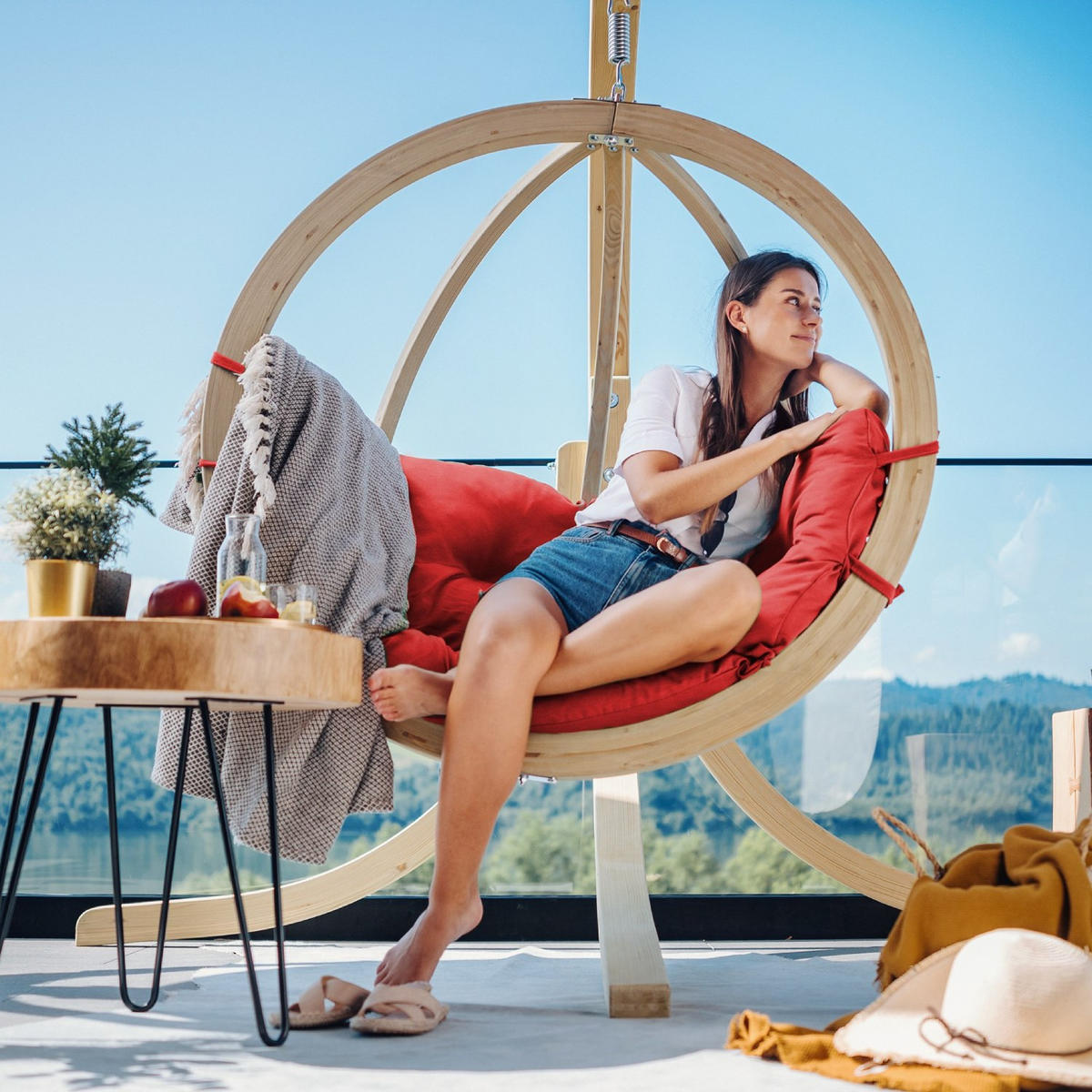 HÄNGESESSEL mit Gestell HIGLO ,Rot - Rot, Holz/Textil (230/183/130cm) - KONSIMO®