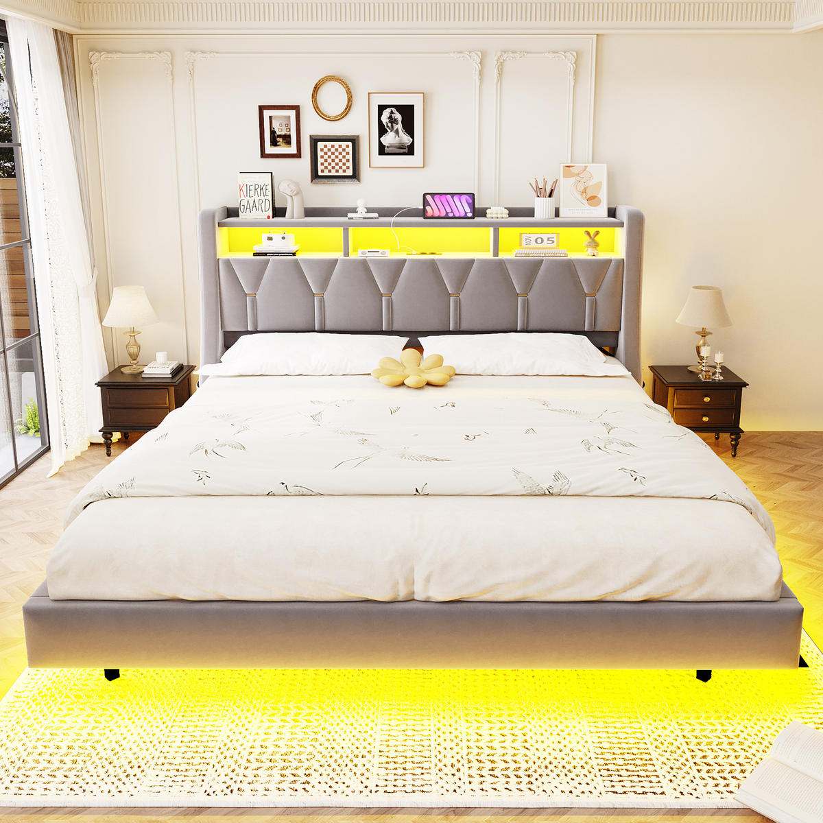 POLSTERBETT 180/200 cm mit LED, USB-/Typ-C-Anschluss, Stauraum-Kopfteil und Samtbezug, Hellgrau - Grau, Textil (180/200cm) - Redom