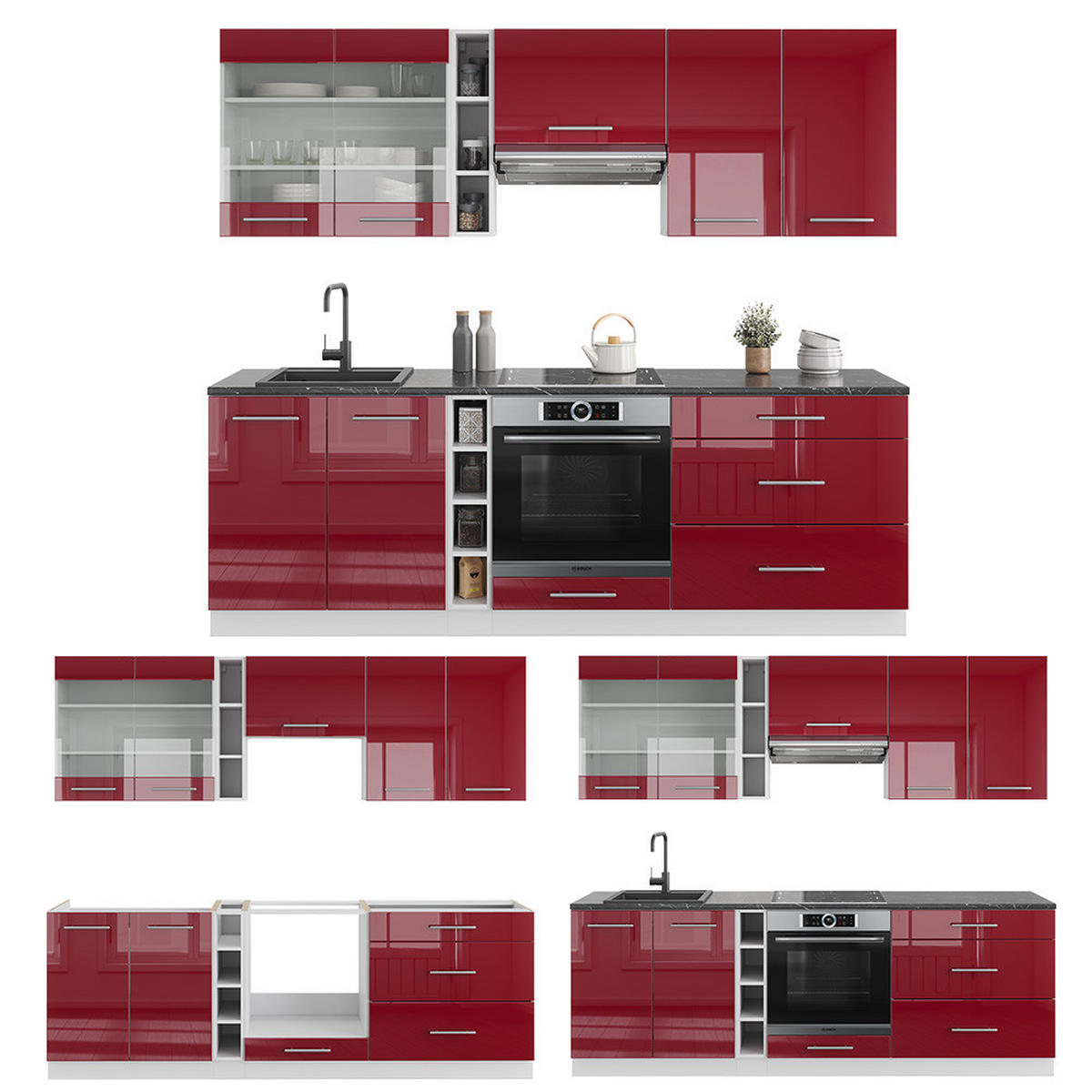 KÜCHENZEILE Fame-Line Bordeaux Hochglanz/Weiß 235 cm ohne AP - Bordeaux/Weiß, Holzwerkstoff (235/81.6/46cm) - Vicco