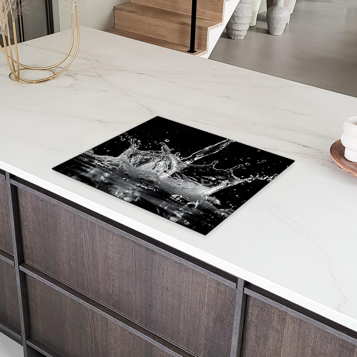 HERDABDECKPLATTE Wasser - Spritzwasser - Schwarz Herdabdeckung Induktionsfeld 65x52 cm - Schwarz, Kunststoff (65/52/0.2cm) - MuchoWow