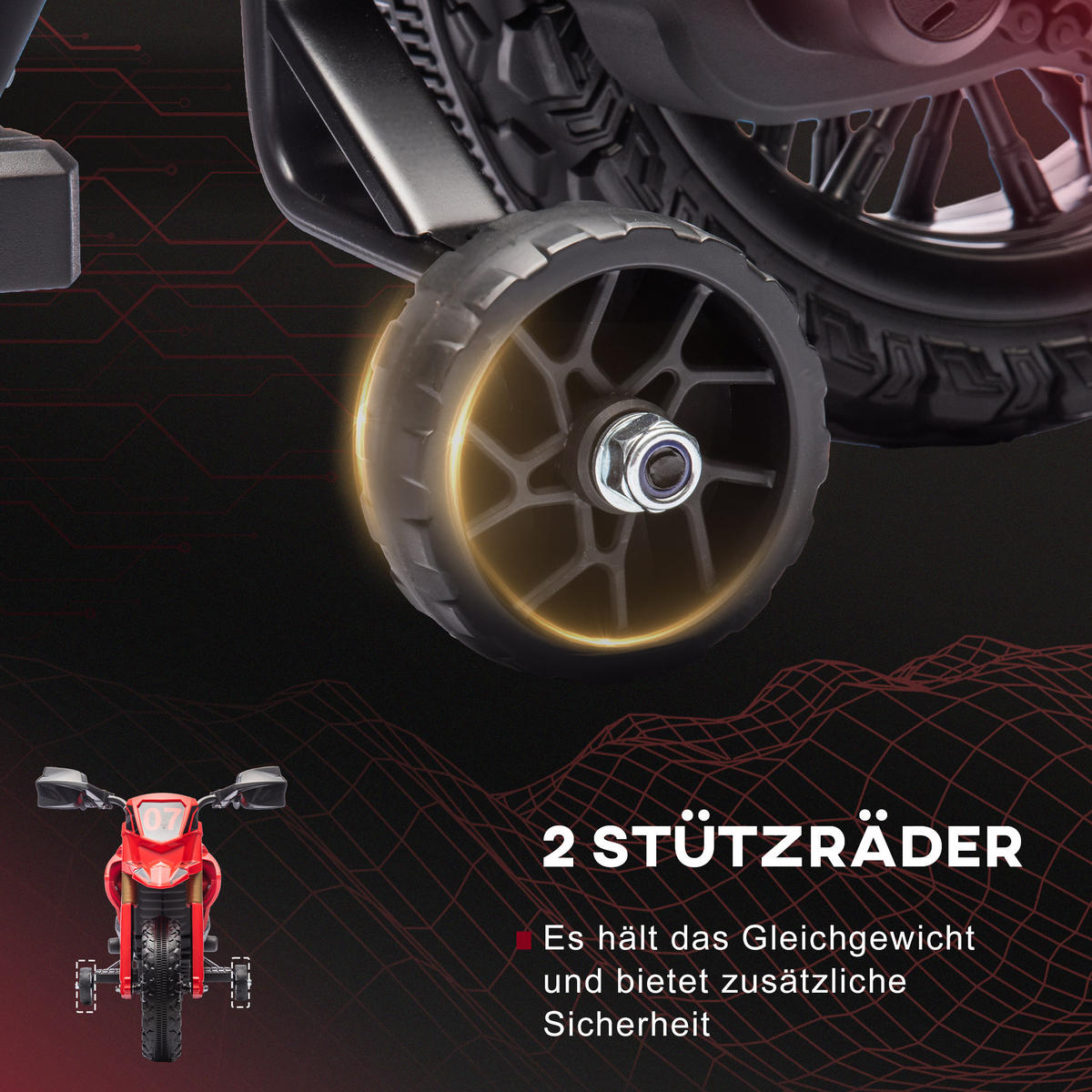ELEKTRO-MOTORRAD für Kinder, 6V Batterie-Antrieb, Stützräder, Hupe, Startgeräusch, 3-8 Jahre, Rot - Rot, Kunststoff/Metall (105/57/62cm) - AIYAPLAY