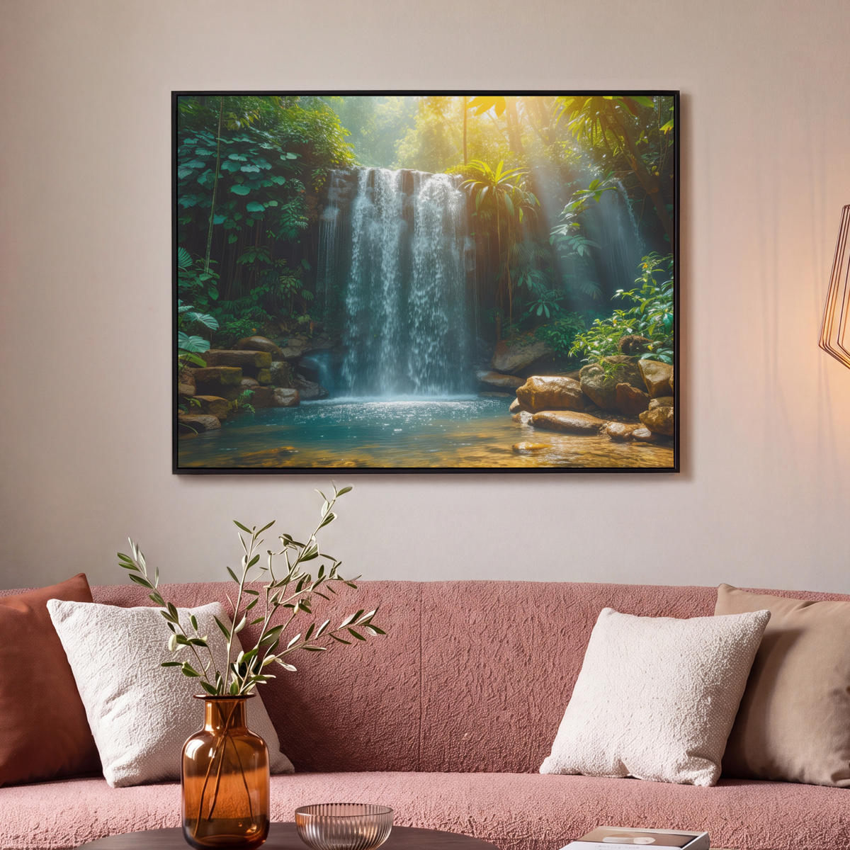 LEINWAND Bilder mit Rahmen - Wasserfall - Dschungel - Sonne - Grün - Natur - 100x70 - Grün, Textil (100/70cm) - MuchoWow