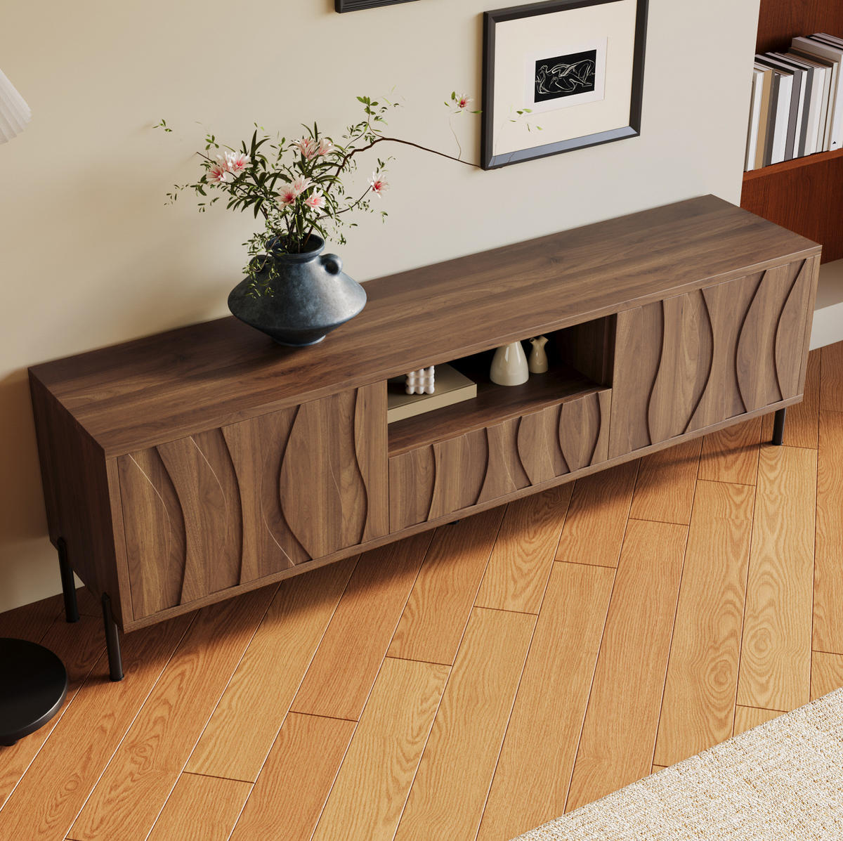 TV stolek 160/35/46 cm přírodní z MDF s vlnitými dvířky a úložným prostorem - přírodní, kompozitní dřevo (160/46/35cm) - OKWISH