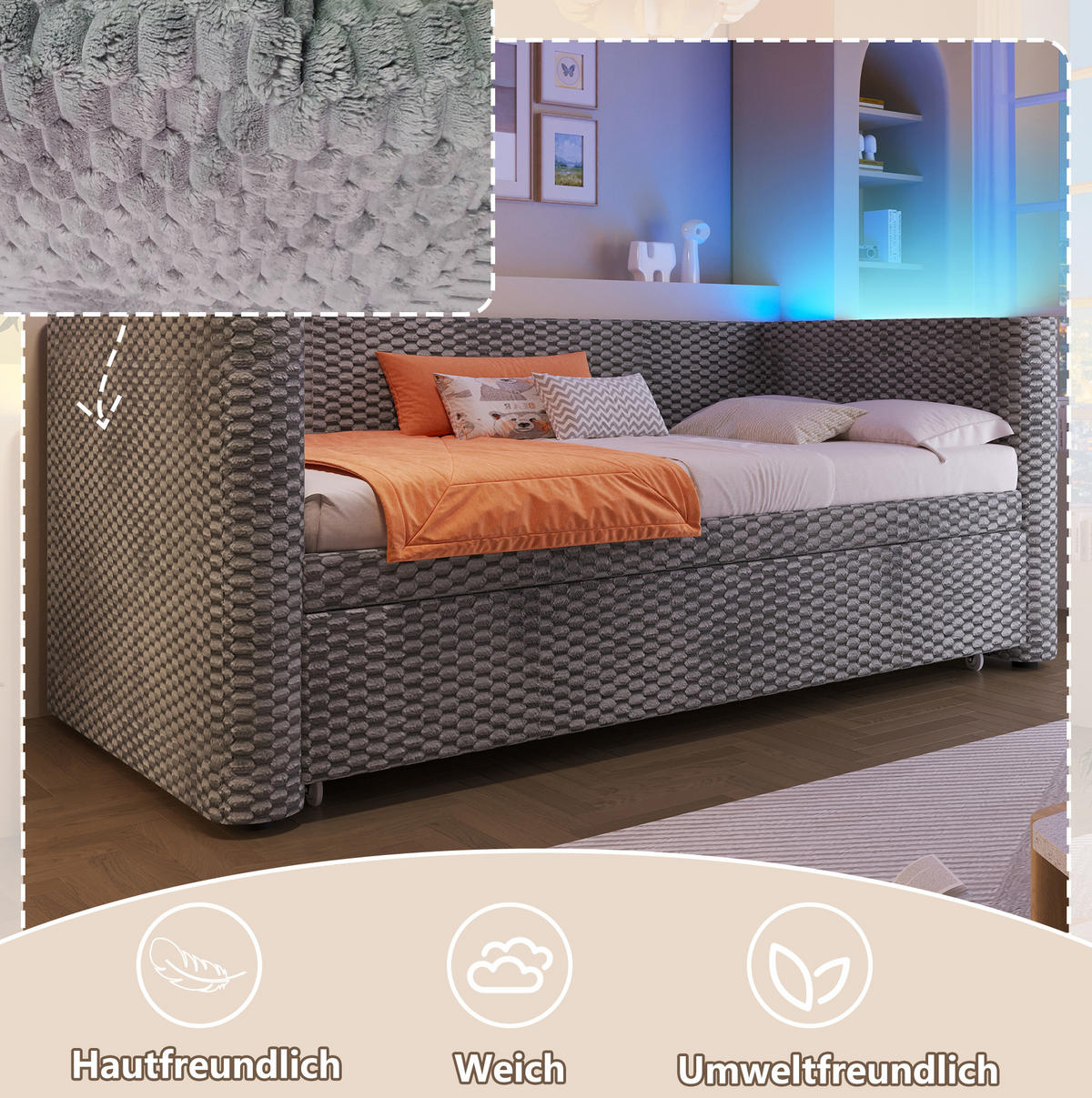 TAGESBETT aus Samt 90x200 cm Grau mit Ausziehfunktion, LED-Beleuchtung und umklappbarer Liegefläche 180x200 cm - Grau, Textil (90/200cm) - Modfu