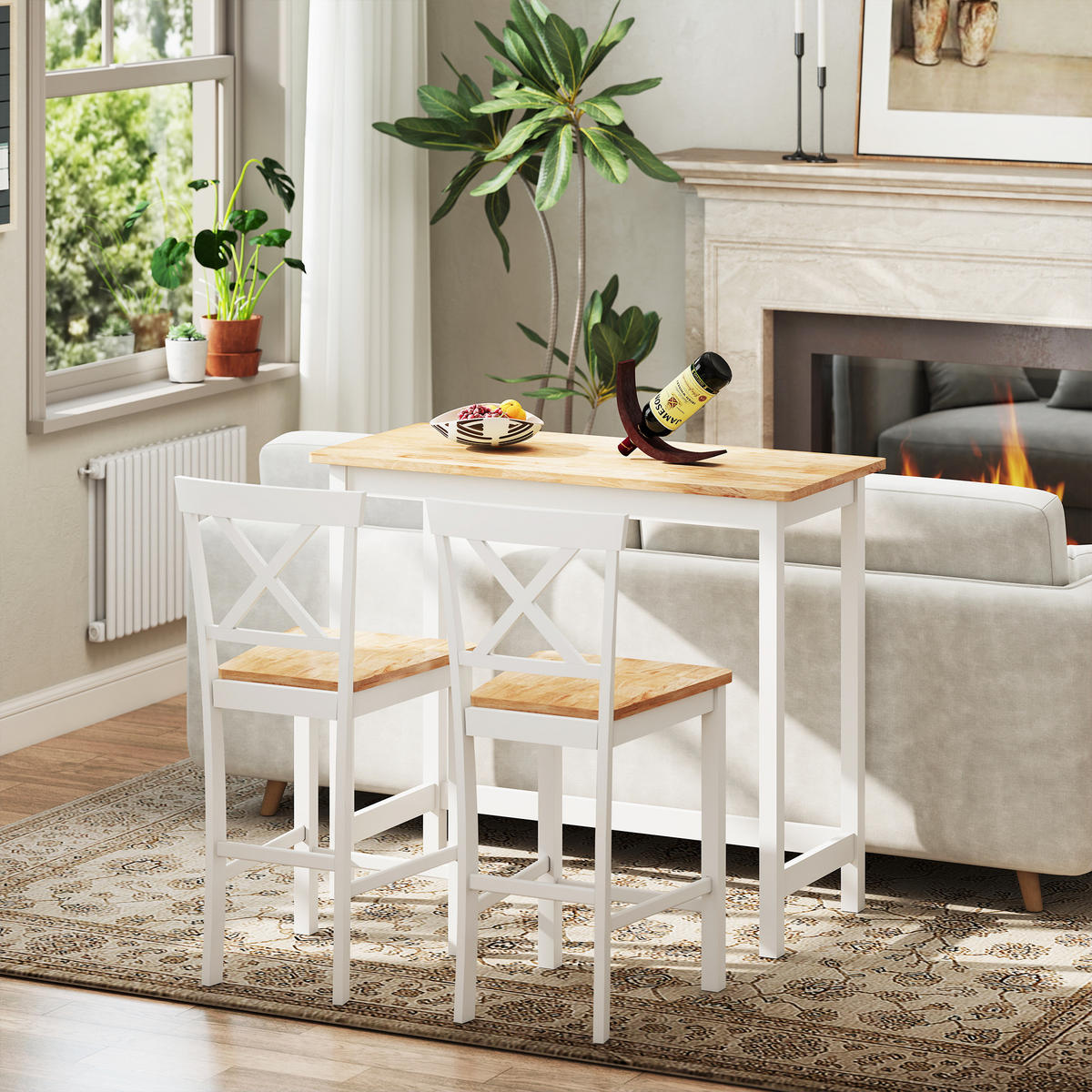 BARTISCH und Barhocker-Set 3tlg. mit Holzoptik - Eichefarben/Weiß, Holz (48/91/108cm) - HOMCOM