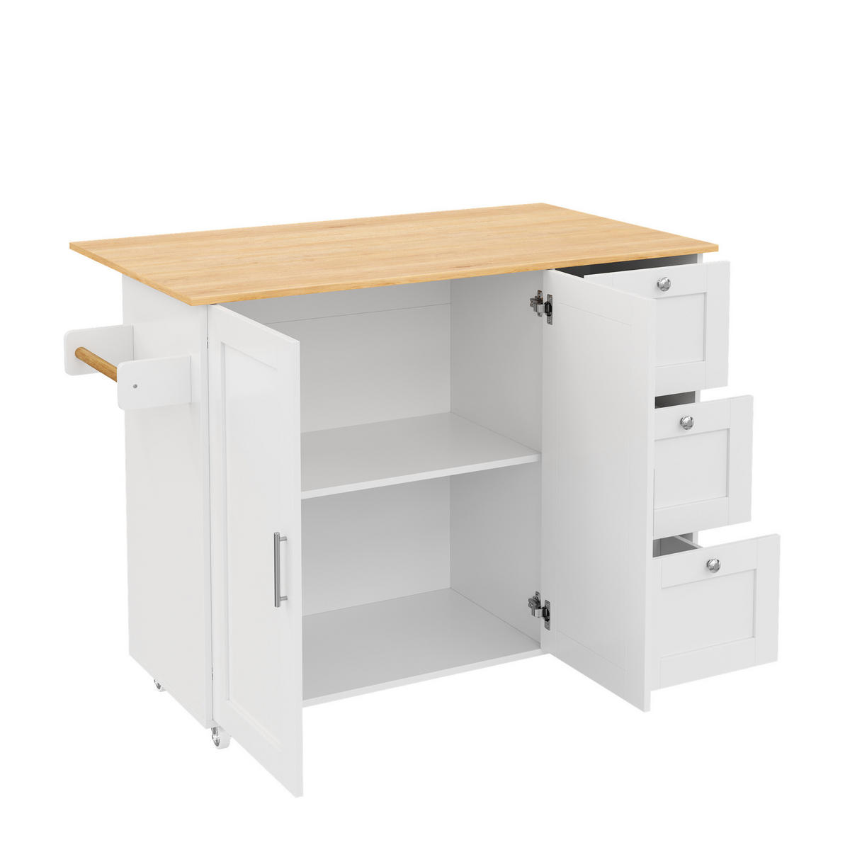 KÜCHENINSEL 135/44(70)/90 cm aus MDF mit klappbarer Arbeitsplatte und Rollen Weiß/Natur - Weiß, Holzwerkstoff (135/90/44cm) - Modenvie