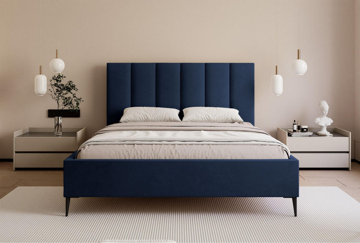 POLSTERBETT Masego Marineblau mit Metallbeinen, Velours, 160x200 cm - Schwarz/Dunkelblau, Textil/Metall (160/200cm) - Selsey