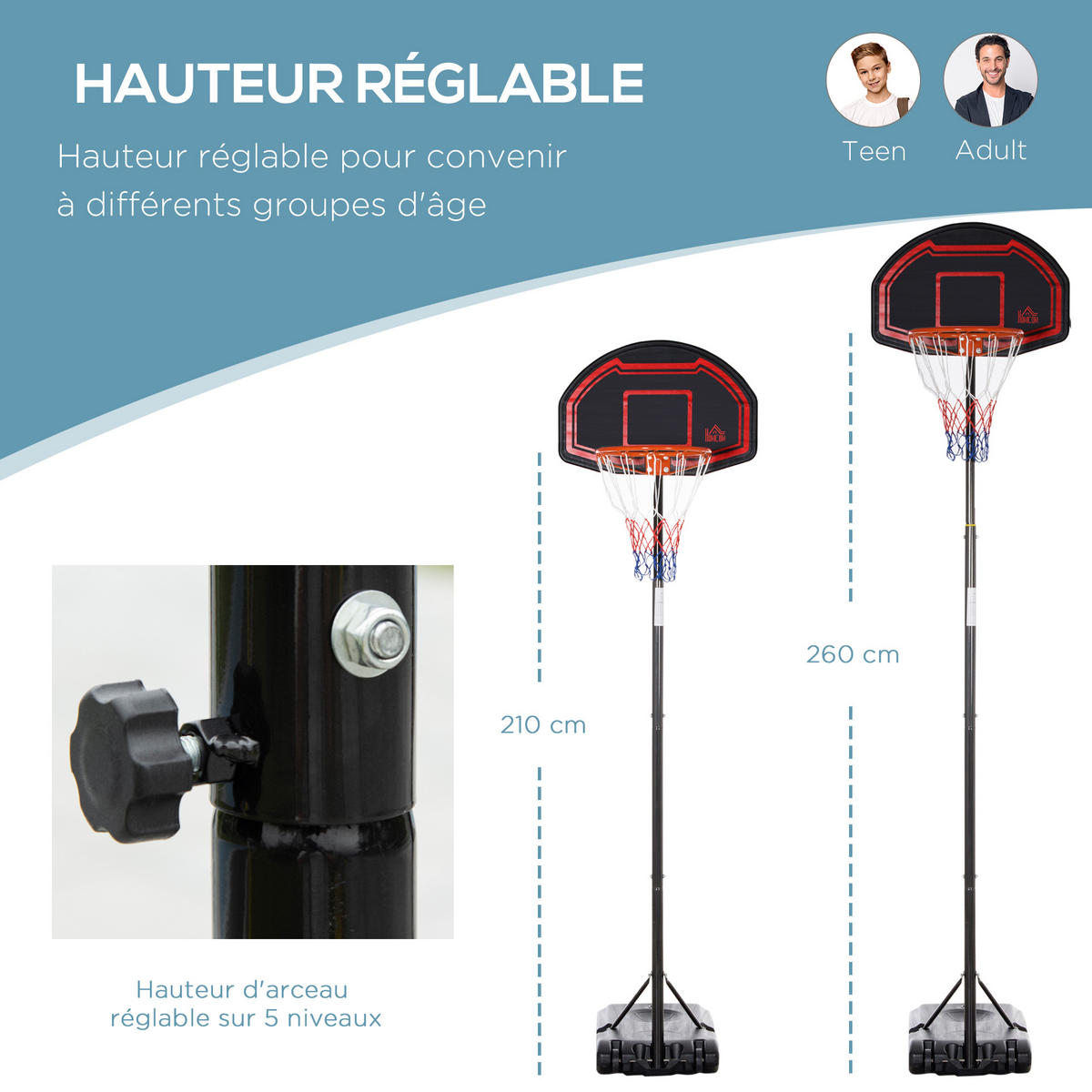 BASKETBALLKORB DE-18518 höhenverstellbar 2,1-2,6 m - Schwarz, Metall (76/70cm) - ComfortXL