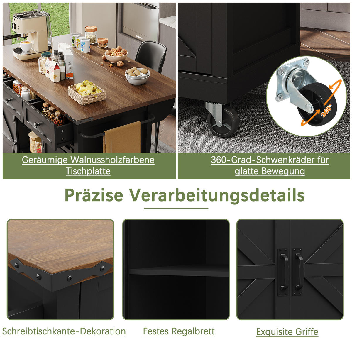 KÜCHENINSEL 140x73x94cm Schwarz mit 3 Schubladen & 5 Rollen - Schwarz, Holzwerkstoff (140/94/73cm) - Modfu