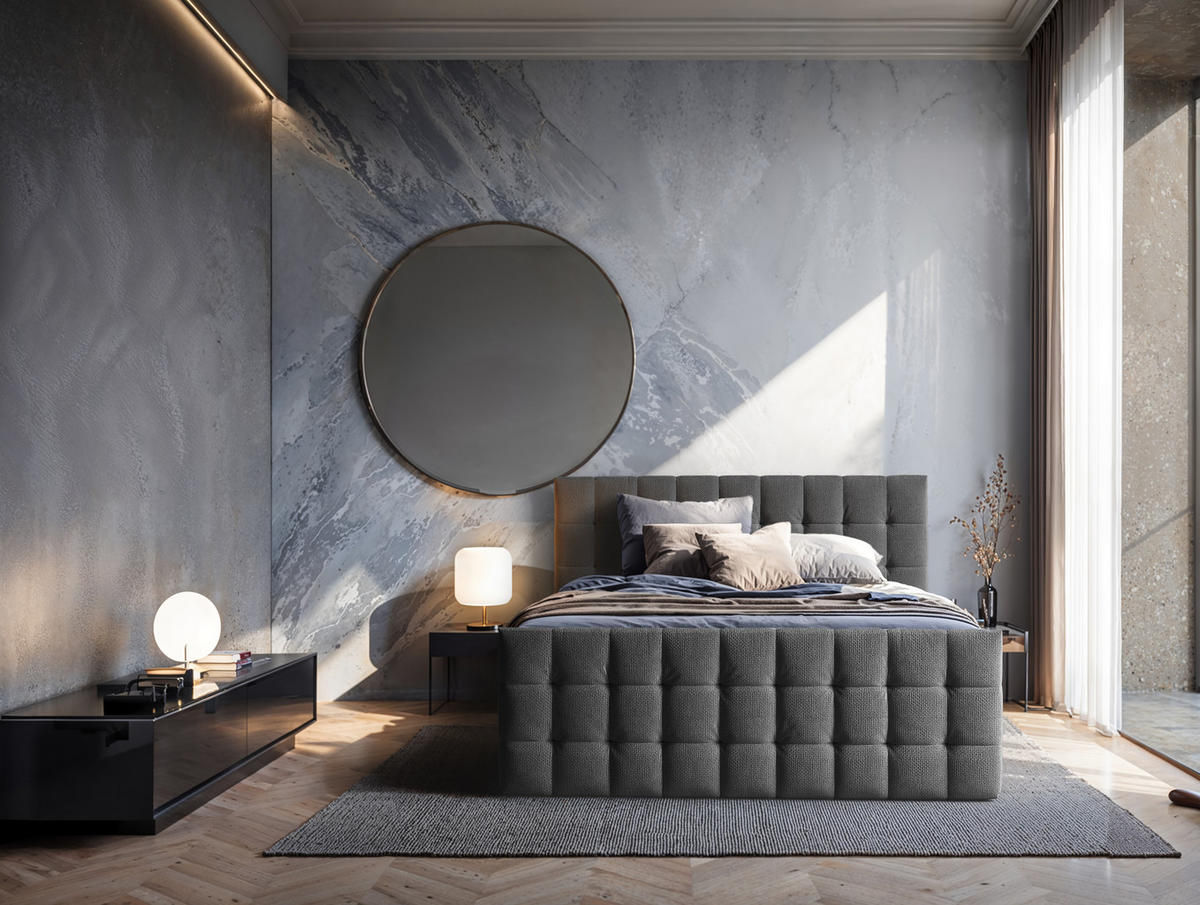 BOXSPRINGBETT Rein 180x200 – in Graphitgrau, großem Bettkasten, Gasdruckfedern - Graphitfarben, Textil (180/200cm)