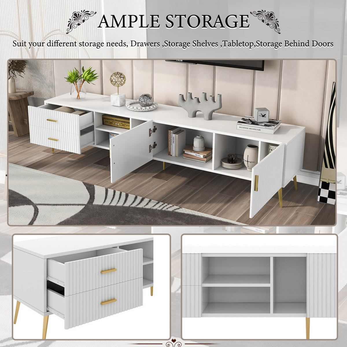 TV-SCHRANK Lowboard Entertainment Center Weiß bis 75 Zoll - Weiß, Holz (44.5/18.49/75.39cm) - FLIEKS