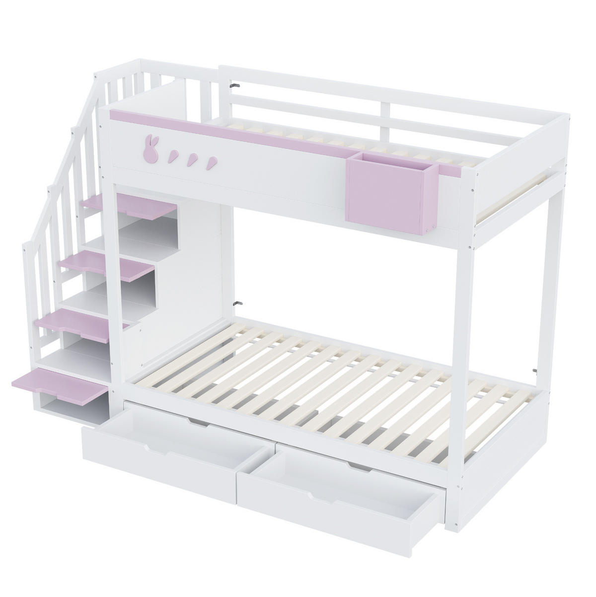ETAGENBETT 90/200 cm mit Stauraumleiter, Schubladen und abnehmbarem Ablagefach, Weiß/Rosa - Weiß, Holzwerkstoff (90/200cm) - Redom