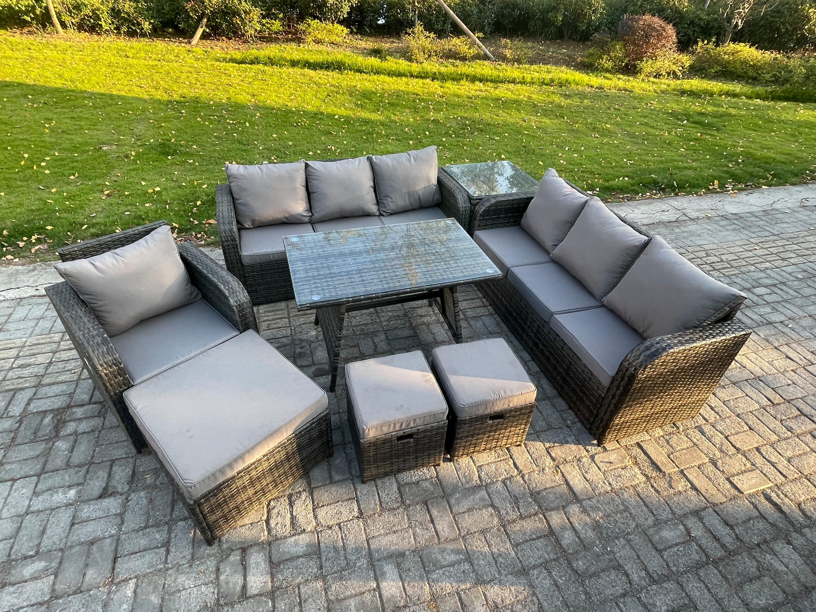 GARTENSET Hohe Rückenlehne Polyrattan 10-Sitzer - Dunkelgrau/Grau, Glas/Kunststoff - Fimous