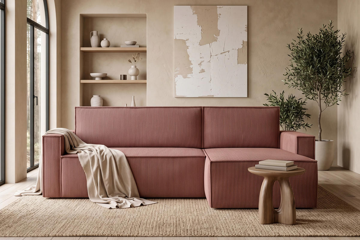 ECKSOFA-LINKS/RECHTS NAPI Schlaffunktion mit Cordbezug, Rosa - Pink/Schwarz, Textil (246/148cm) - KONSIMO®